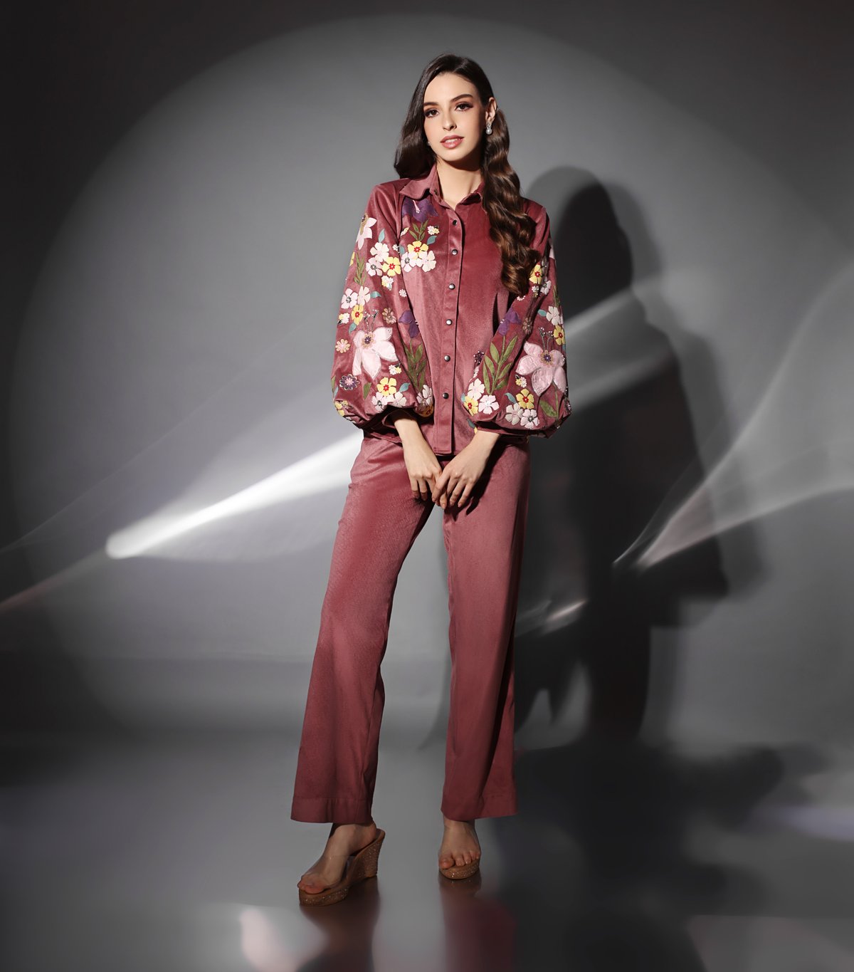Powder Pink Velvet Floral Applique Co-ord Set