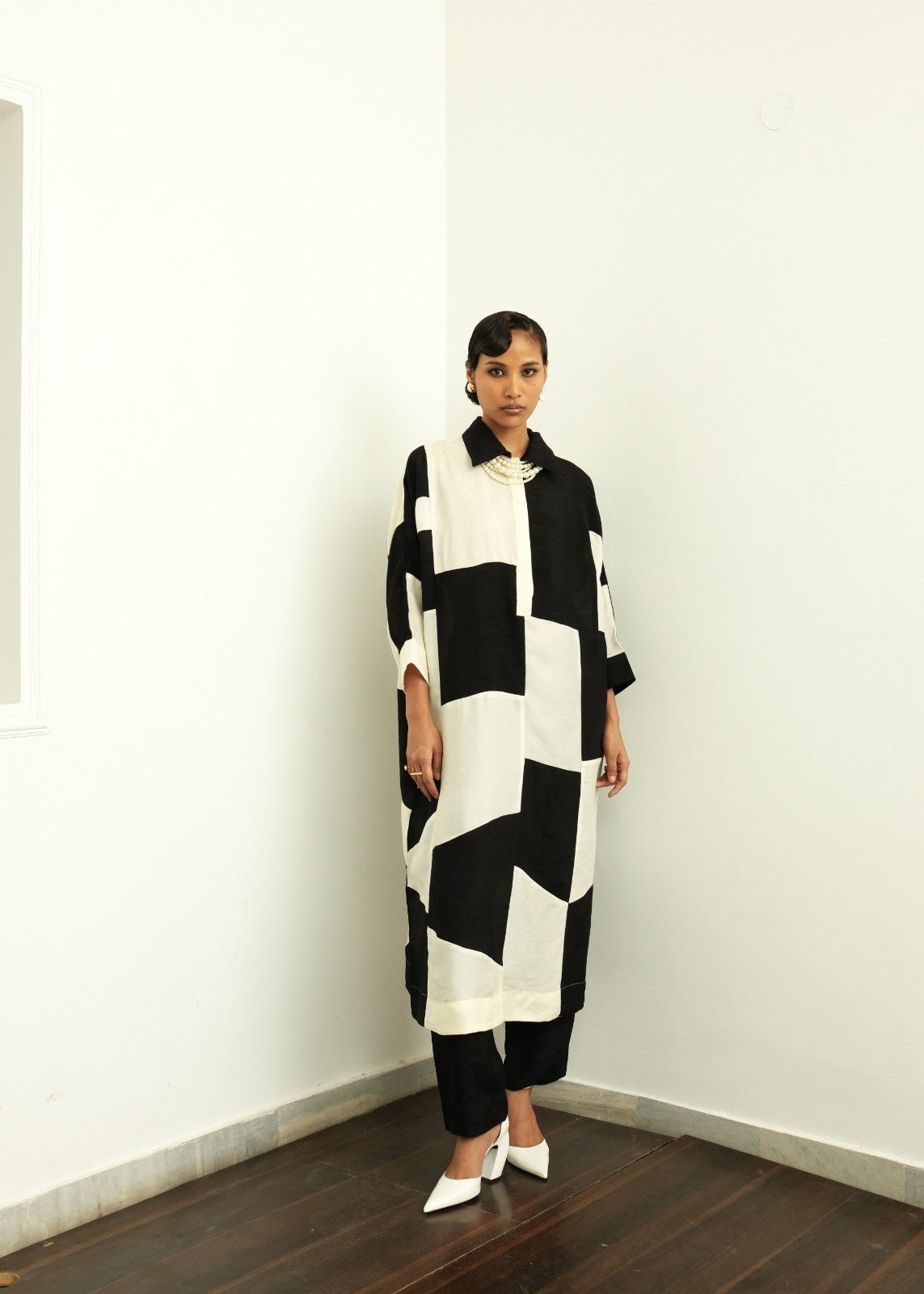 Black and Cream Raw Silk Colorblock Kurta Set