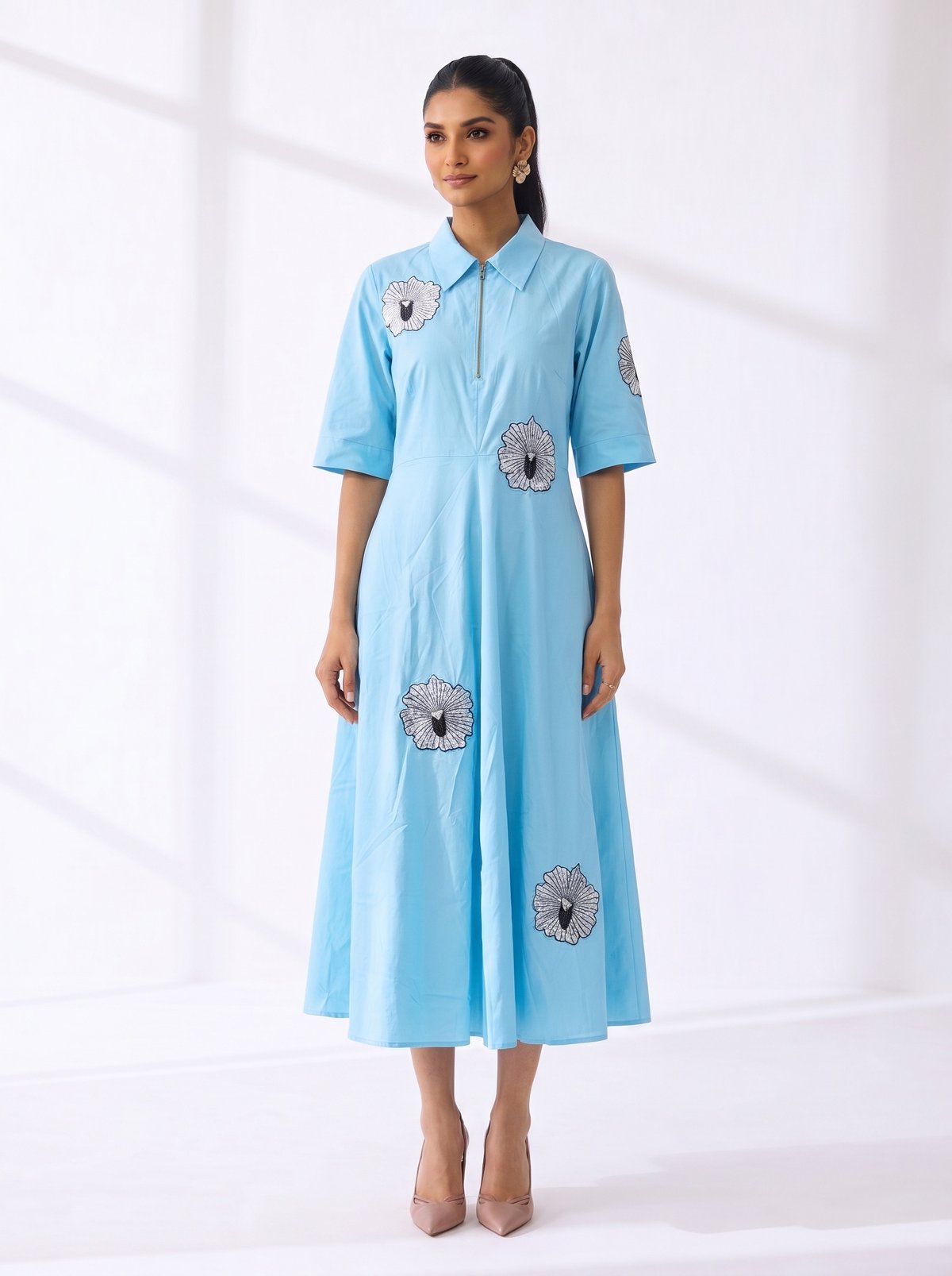 Sky Blue Cotton Midi Shirt Dress with Floral Motif Print