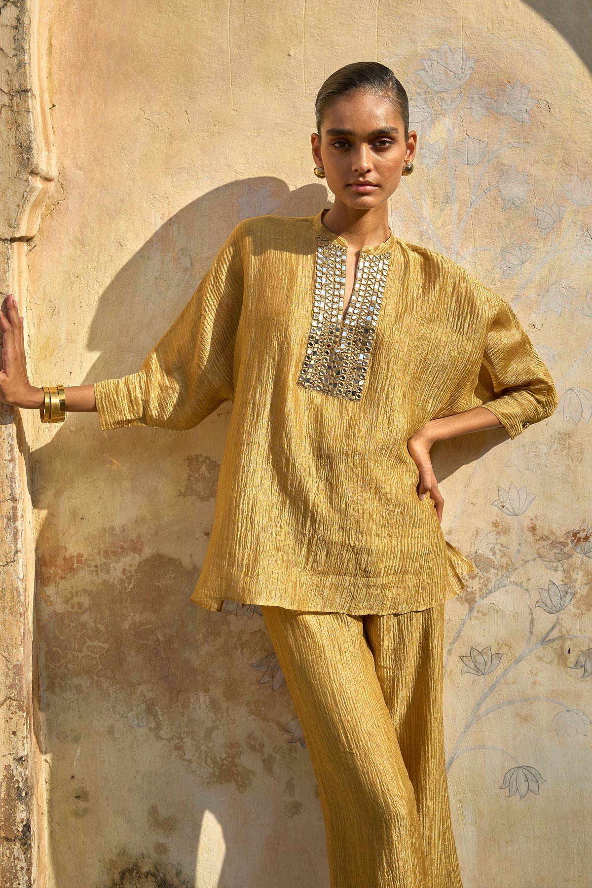 Gold Metallic Tissue Mirror-Work Popover Top