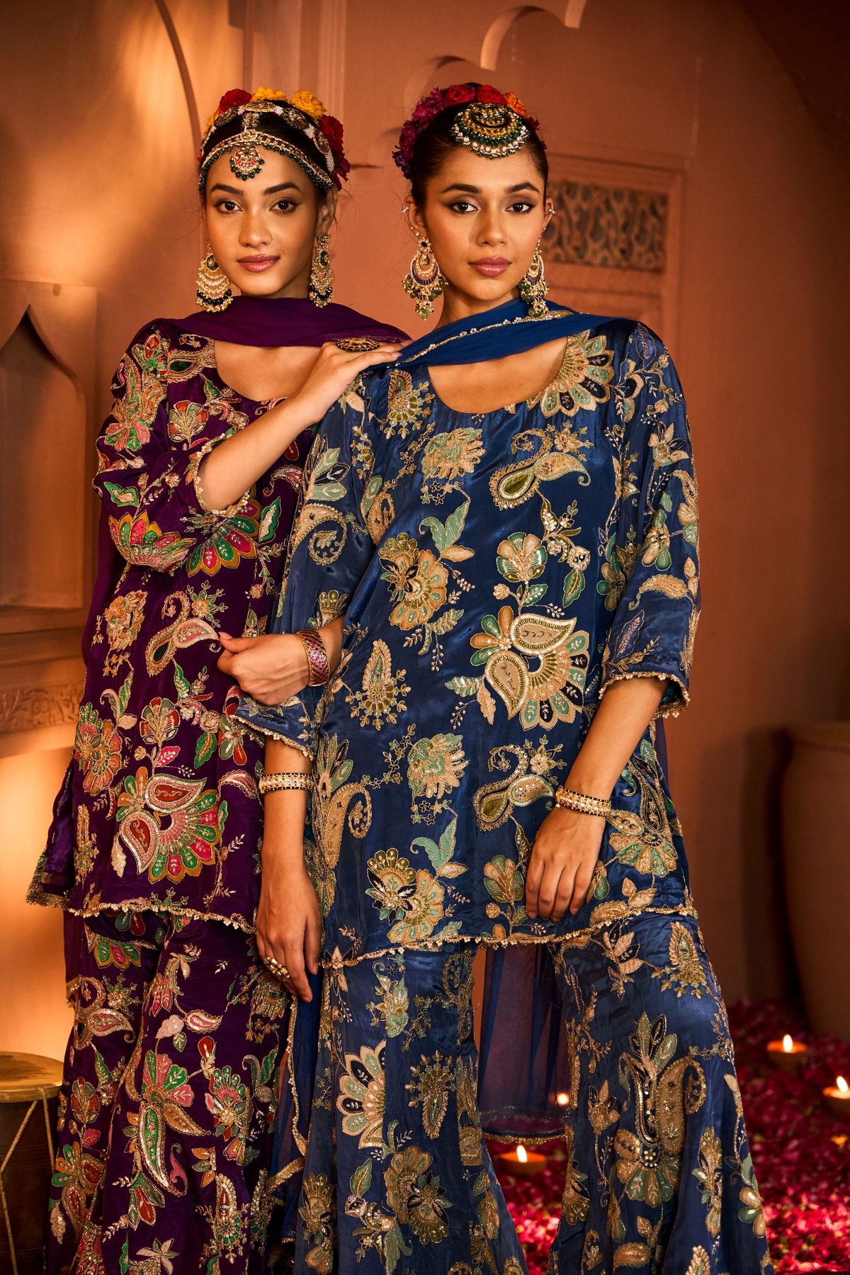 Ink Blue Embroidered Kurta Sharara Set With Dupatta