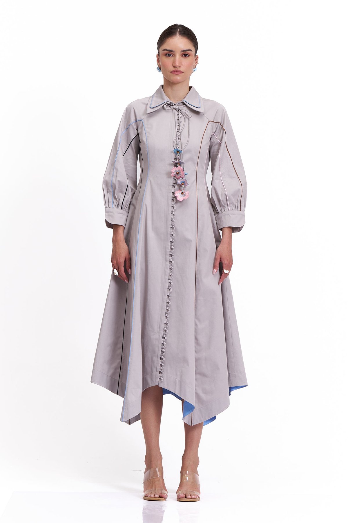 Cloud Grey Cotton Twill Button-Down Midi Shirt Dress