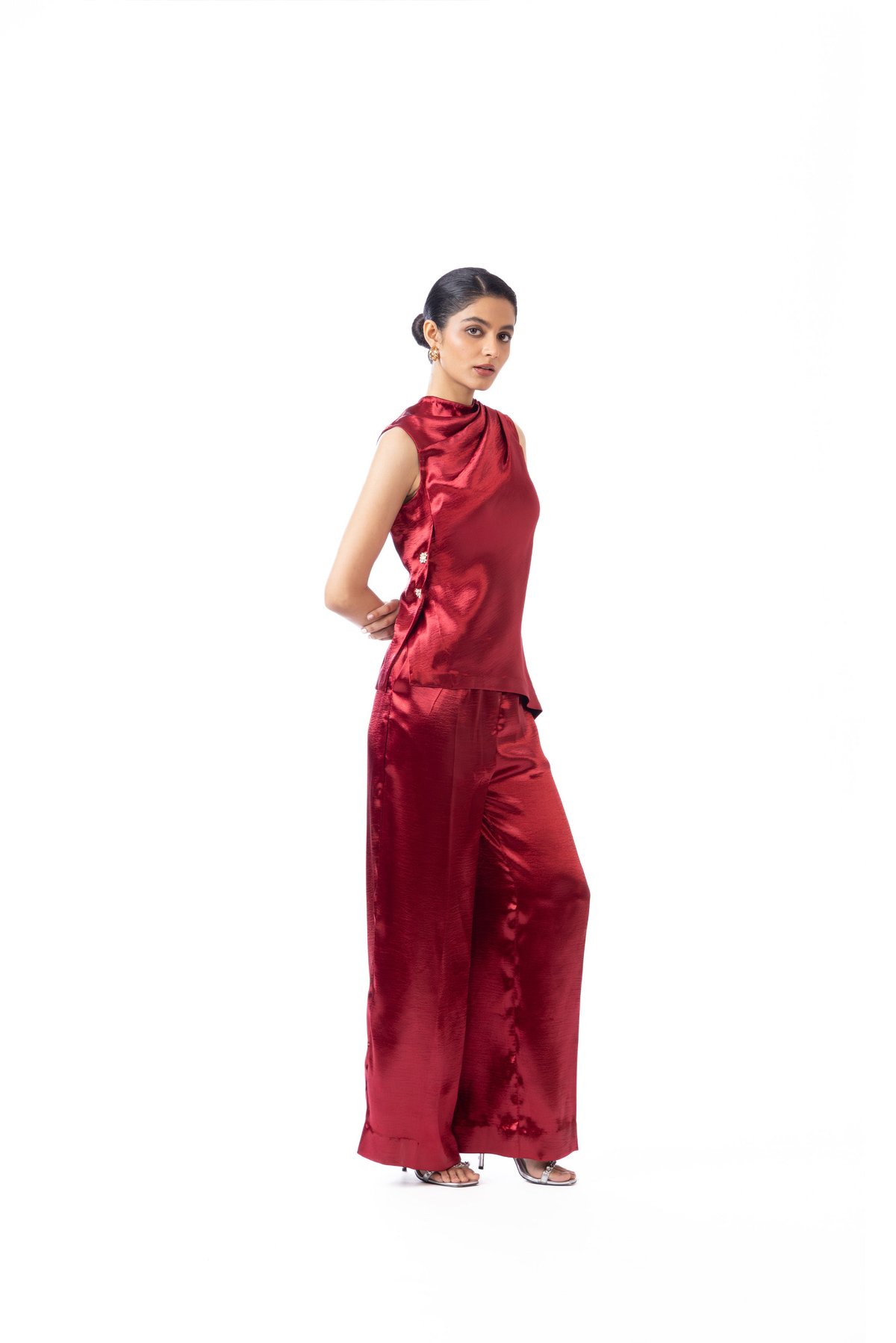 Maroon Wide-Leg Satin Finish Trousers