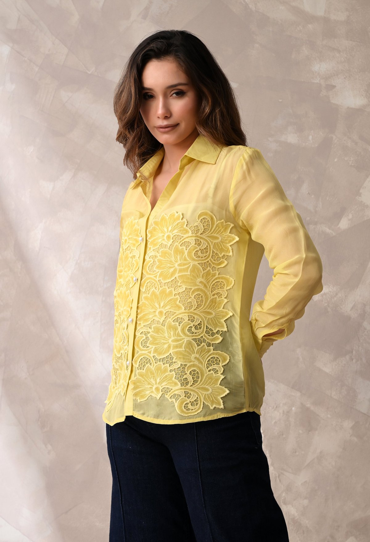 Sheer Shirt With Floral Applique And A Matching Inner