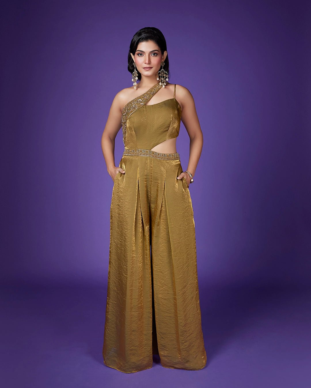 Golden Glow One-Shoulder Shimmer Tissue Jumpsuit