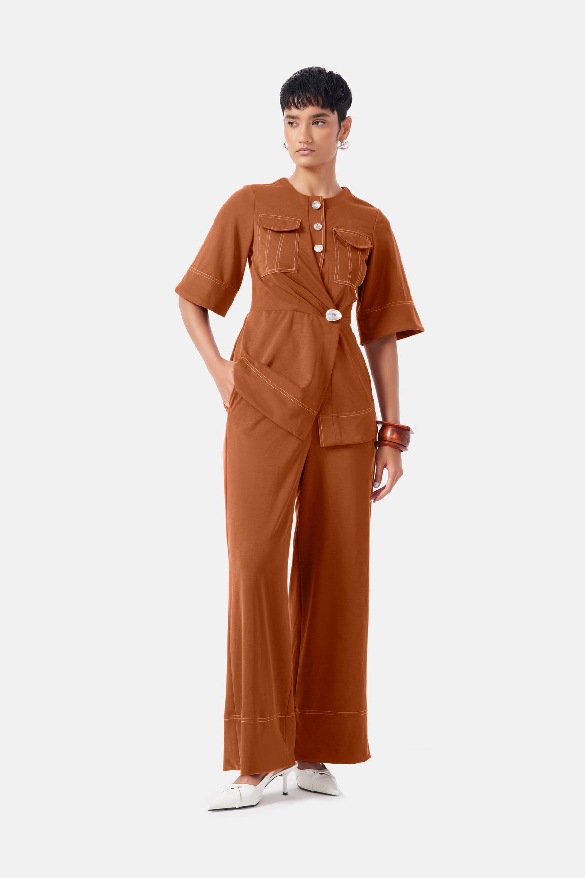 Rust Wrap-Front Top and Wide-Leg Pants Co-ord Set