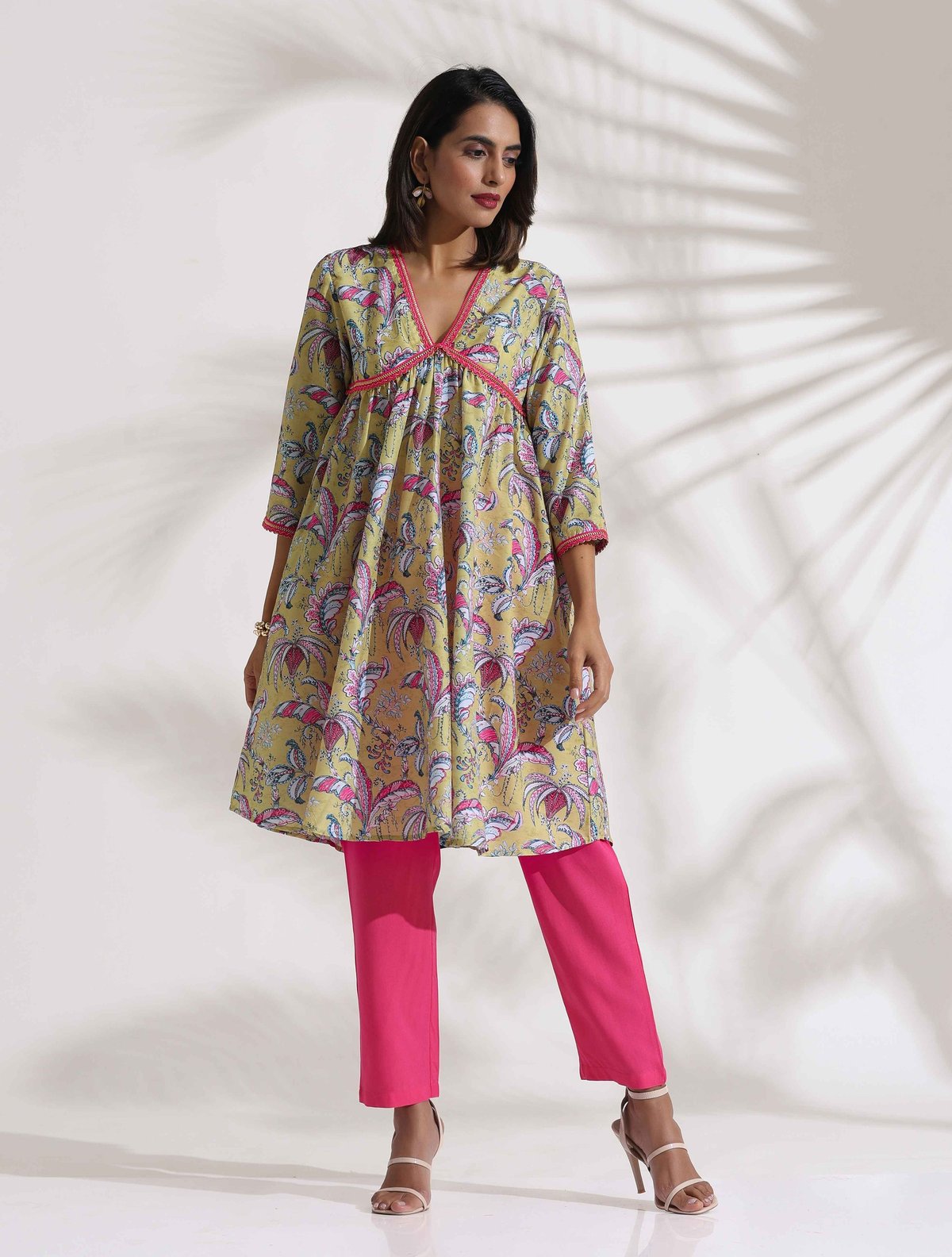 Yellow Floral Print Kurta and Hot Pink Pants Co-ord Set