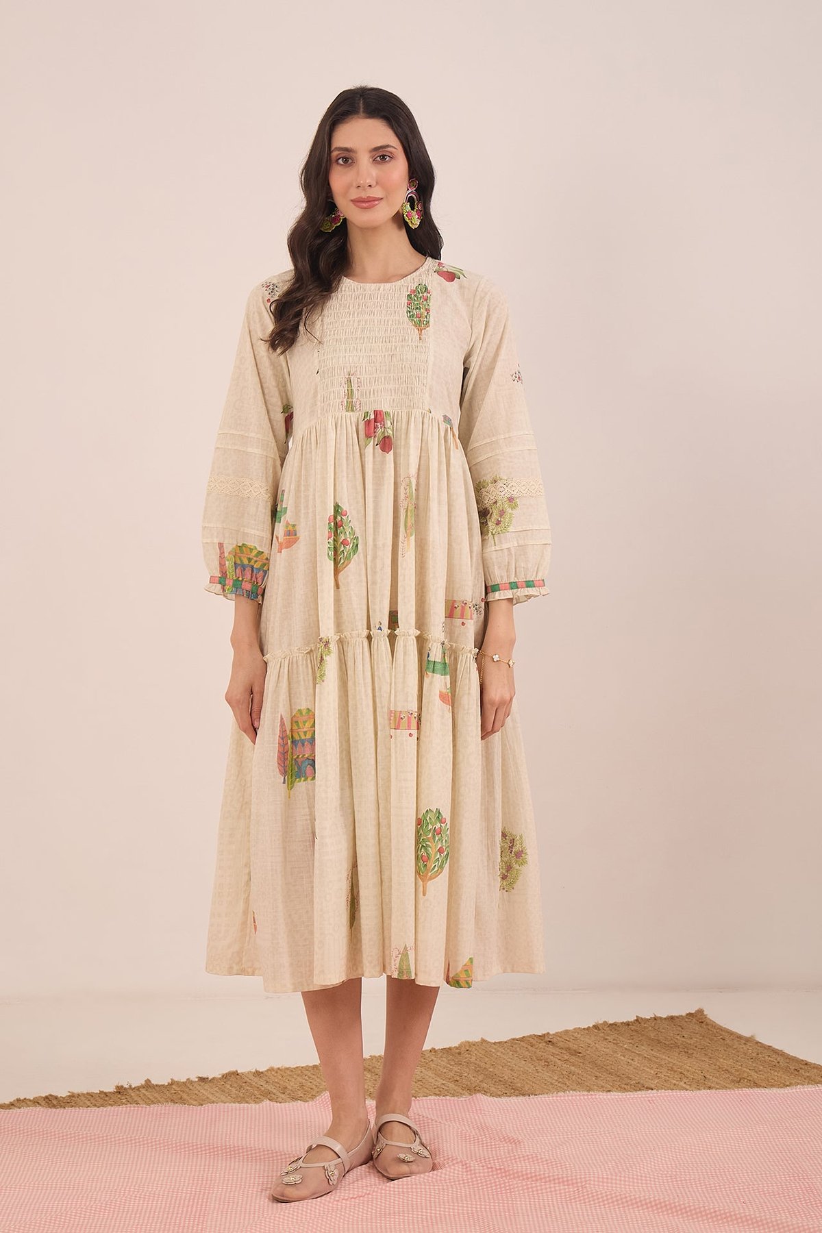 Cream Cotton Scenic Print Tiered Midi Dress