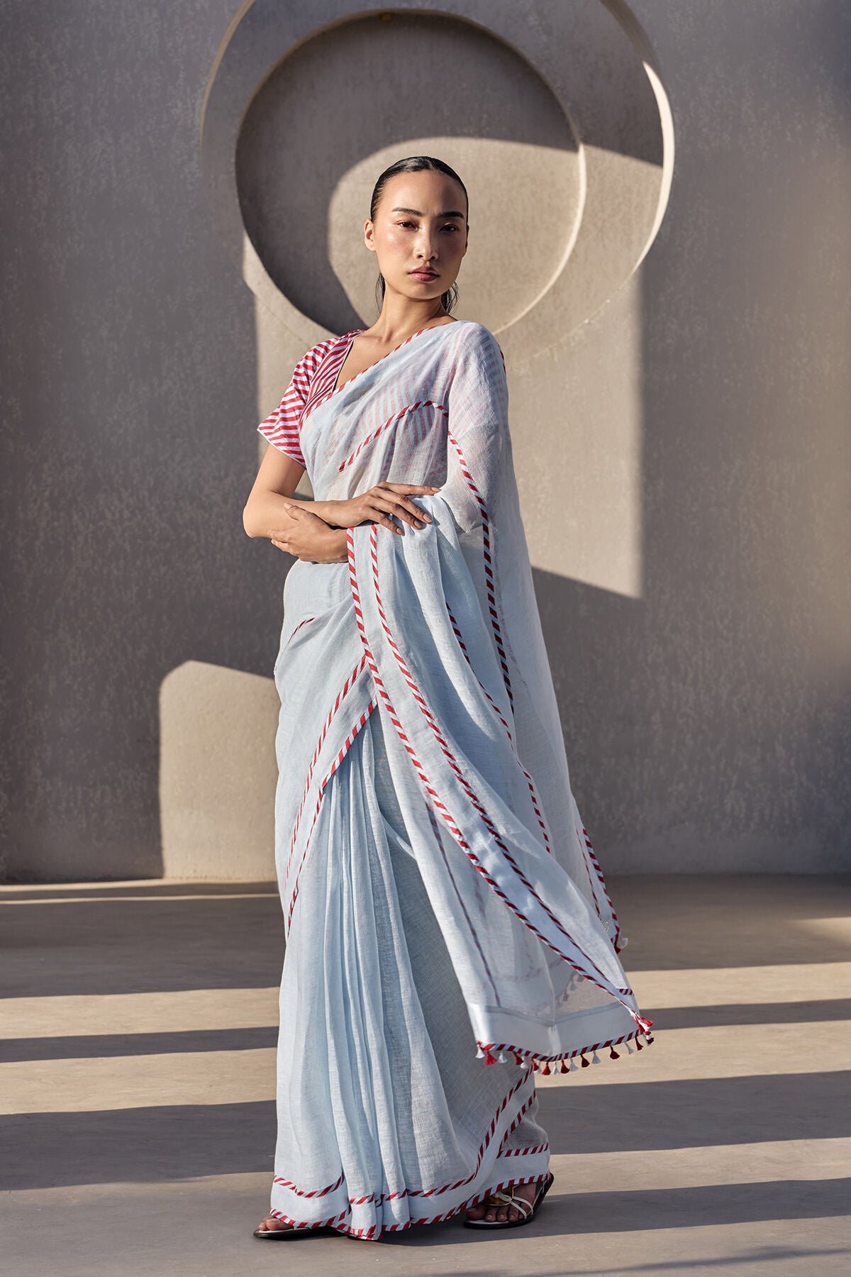 Powder Blue Linen Saree with Striped Border and Tassels