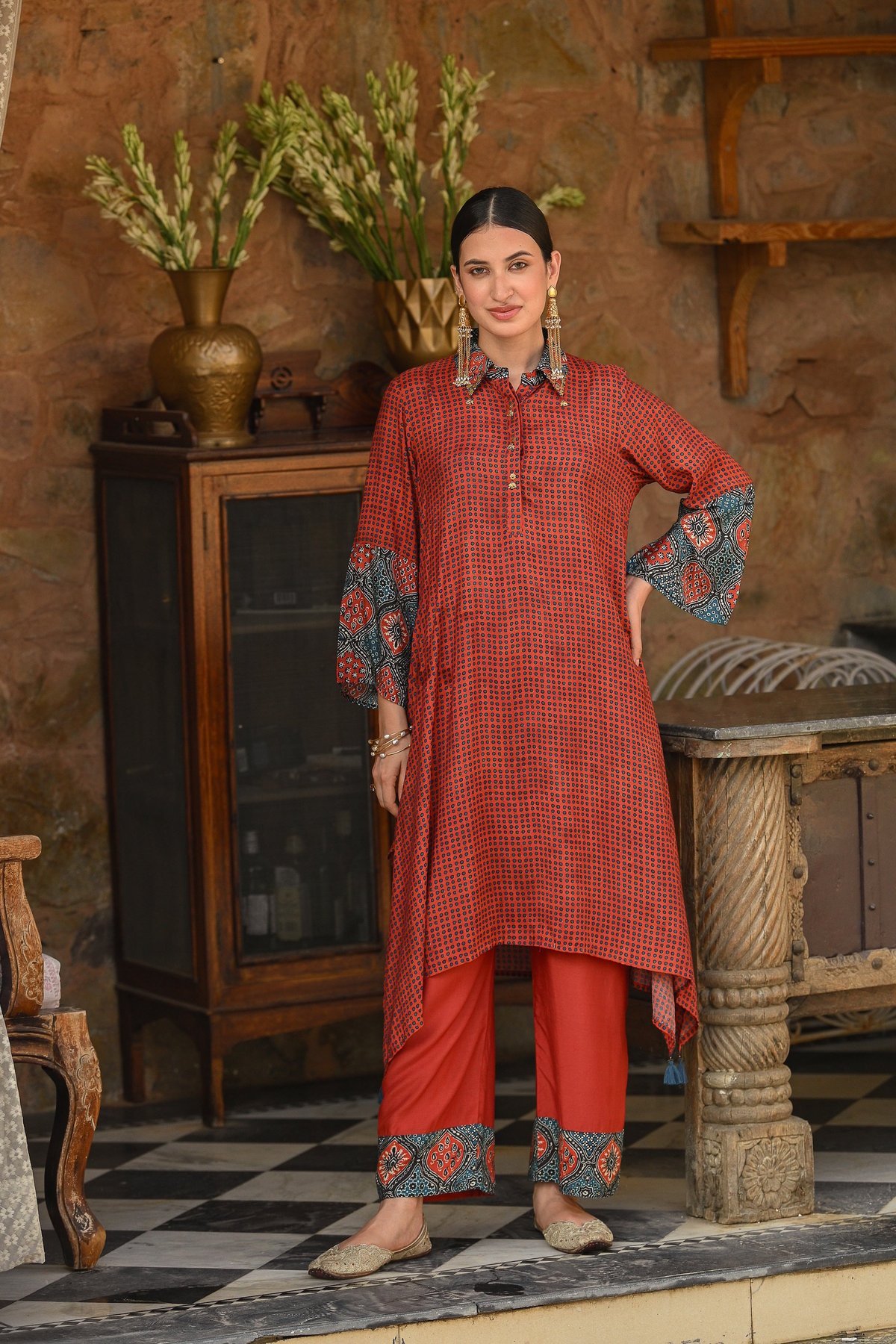 Red Block Print Muslin A Line Kurta Set