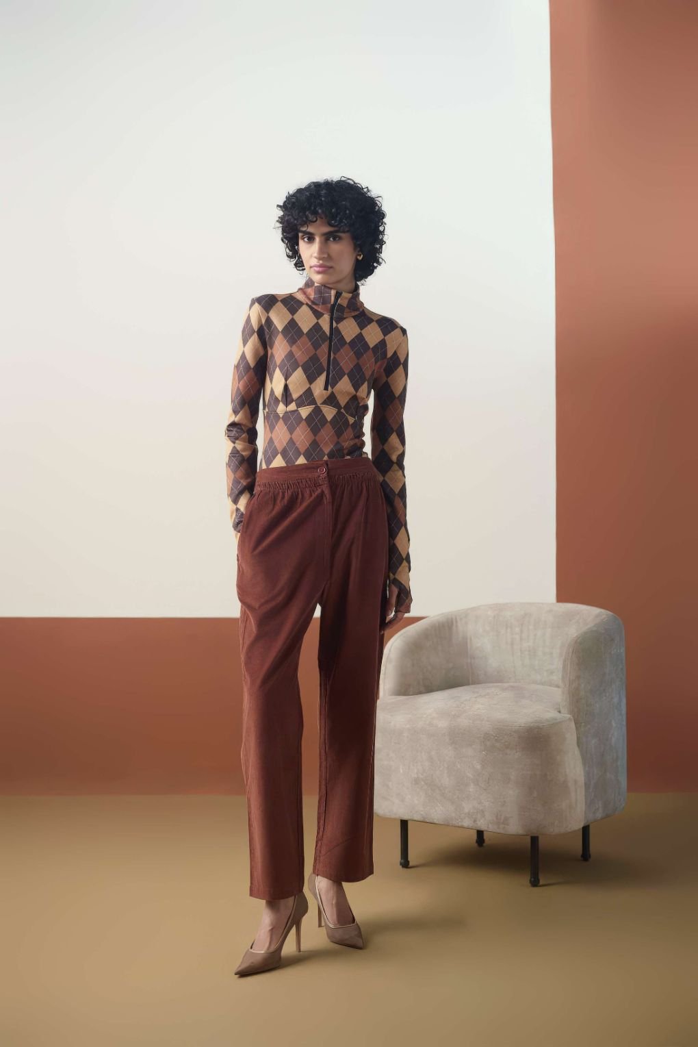 Brown Printed Half-Zip Bodysuit and Corduroy Pants Co-ord