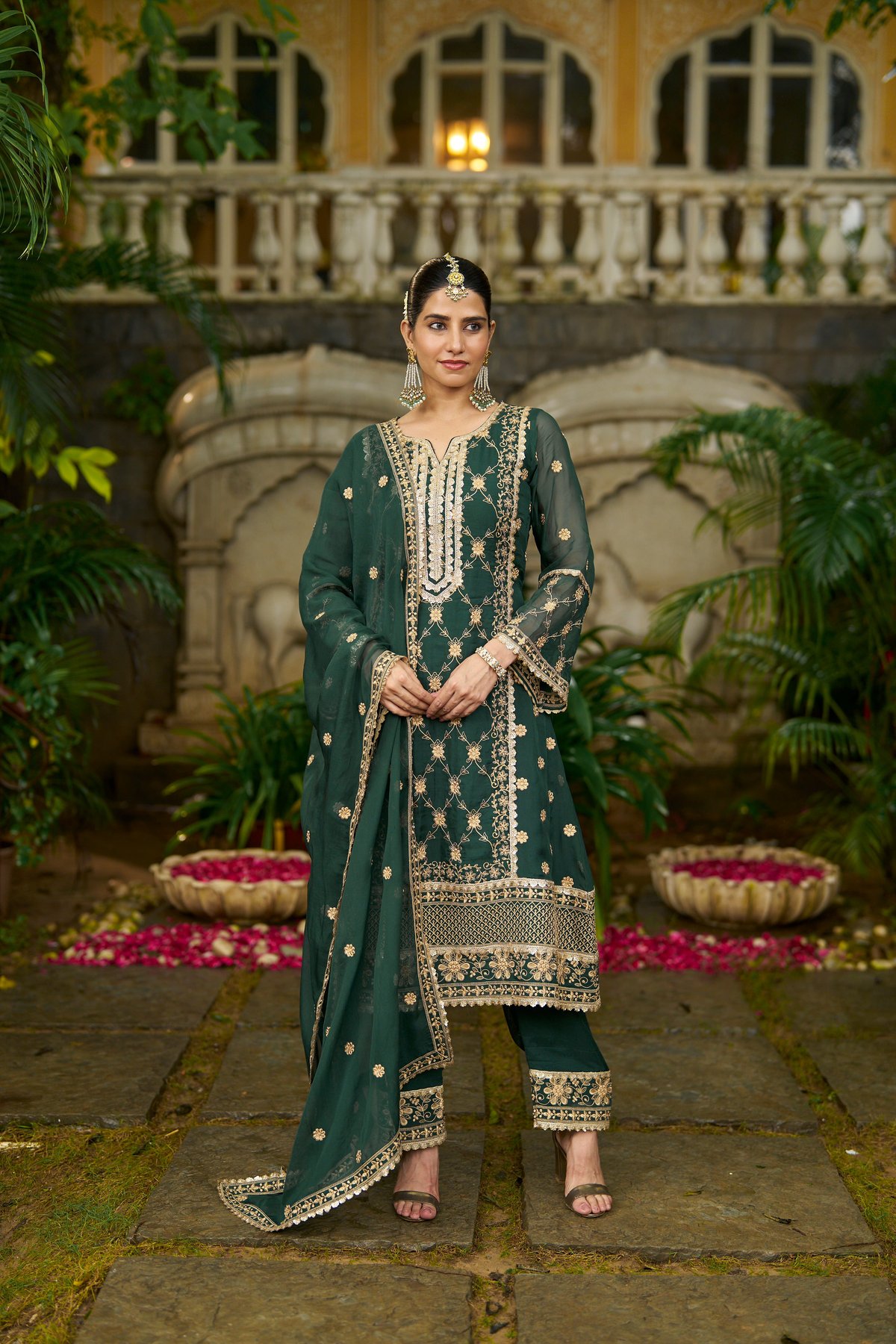 Green Organza A-Line Embroidered Kurta Set With Dupatta