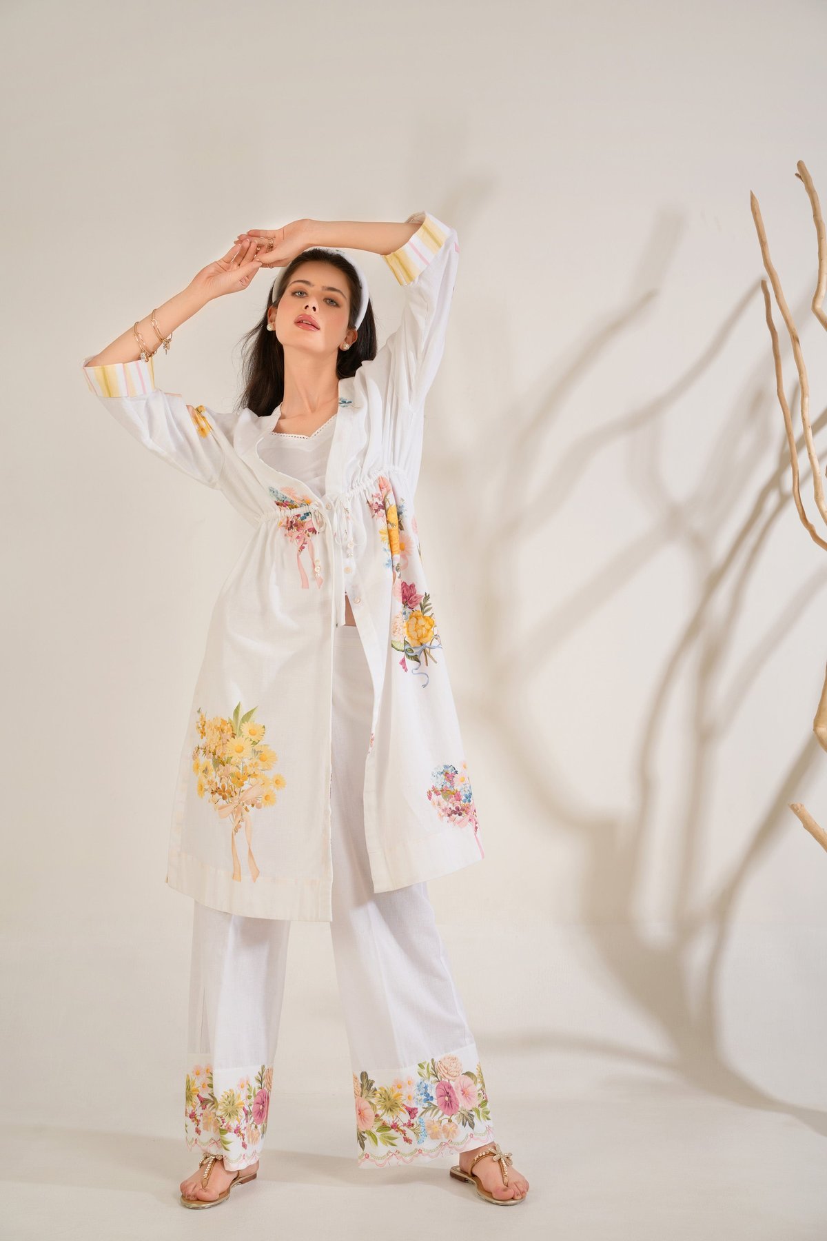 White Floral Overlay Co-ord Set with Inner and Wide-Leg Trousers