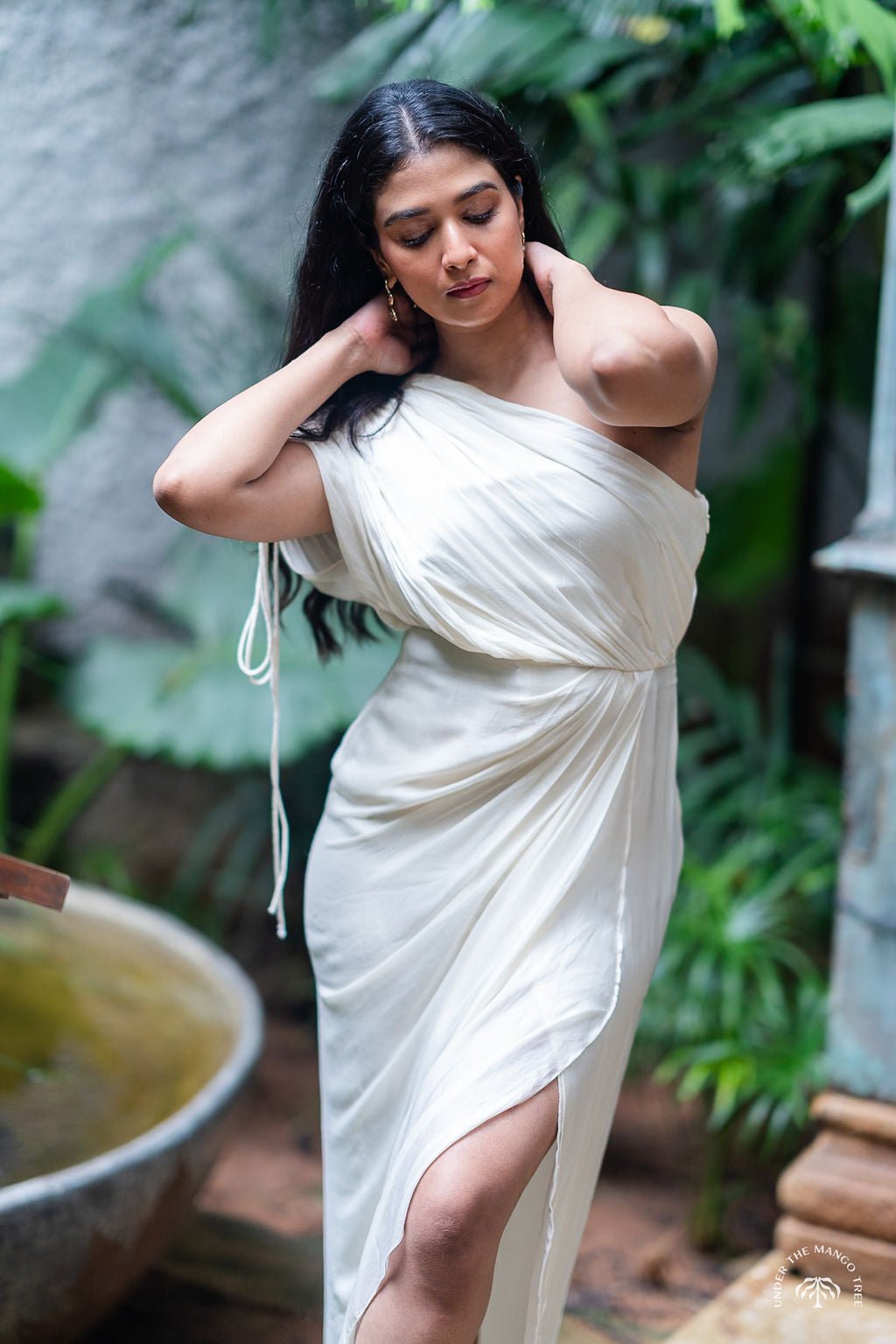 Ivory One-Shoulder Cowl Drape Maxi Dress