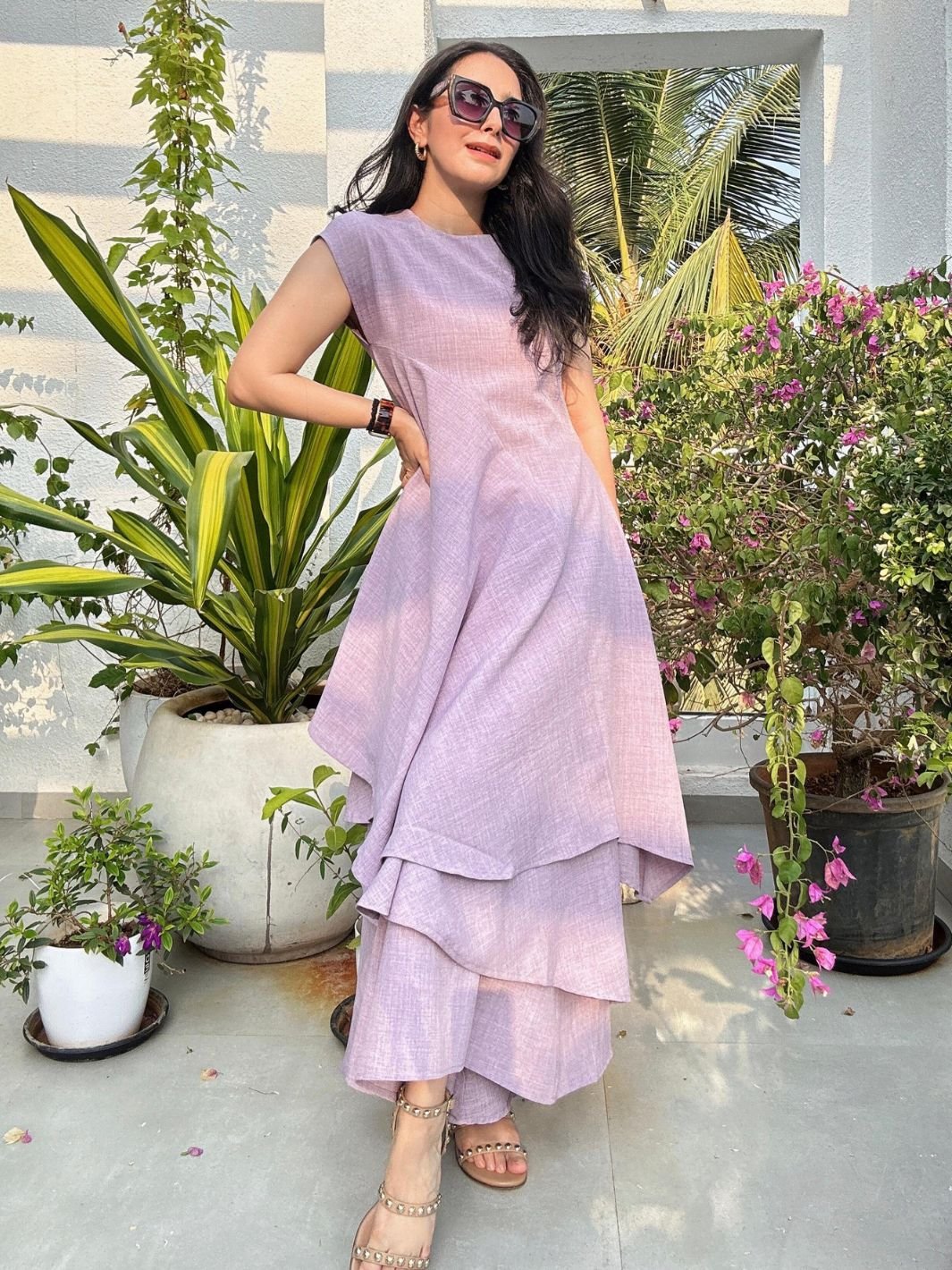 Purple Asymmetric Tunic and Wide-Leg Pants Co-ord Set