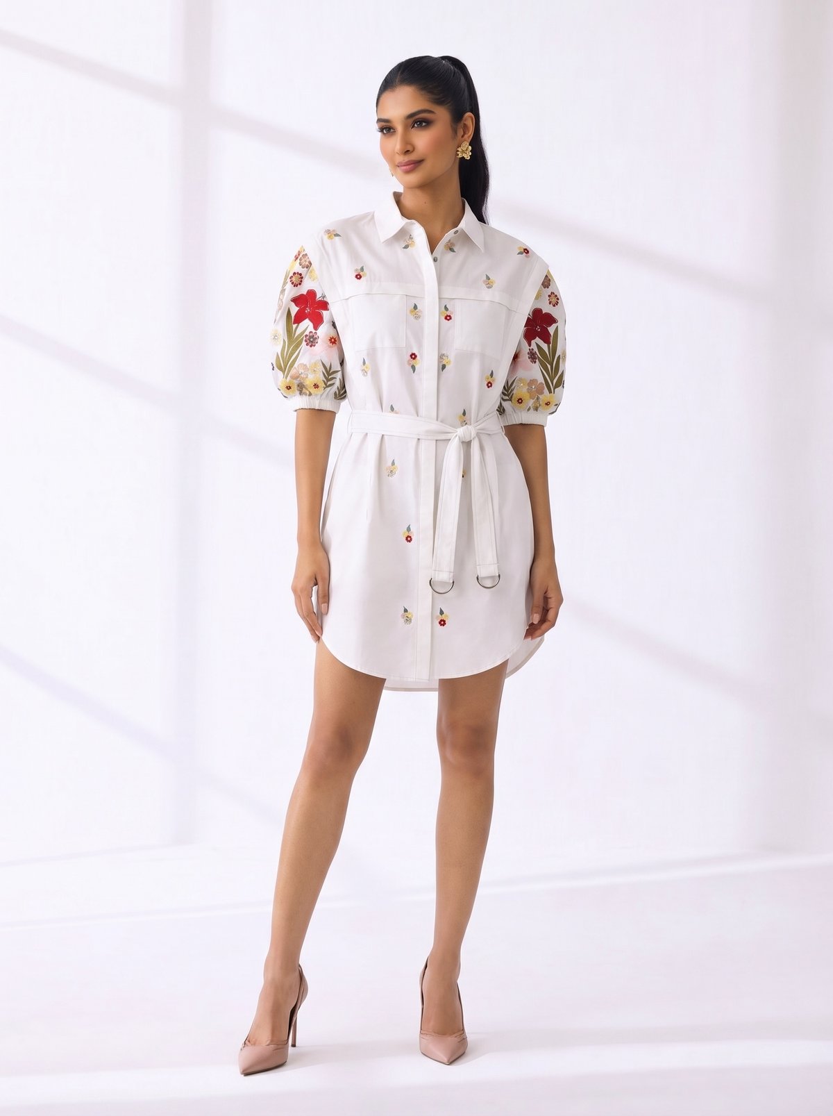 White Cotton Floral Printed Belted Shirt Mini Dress