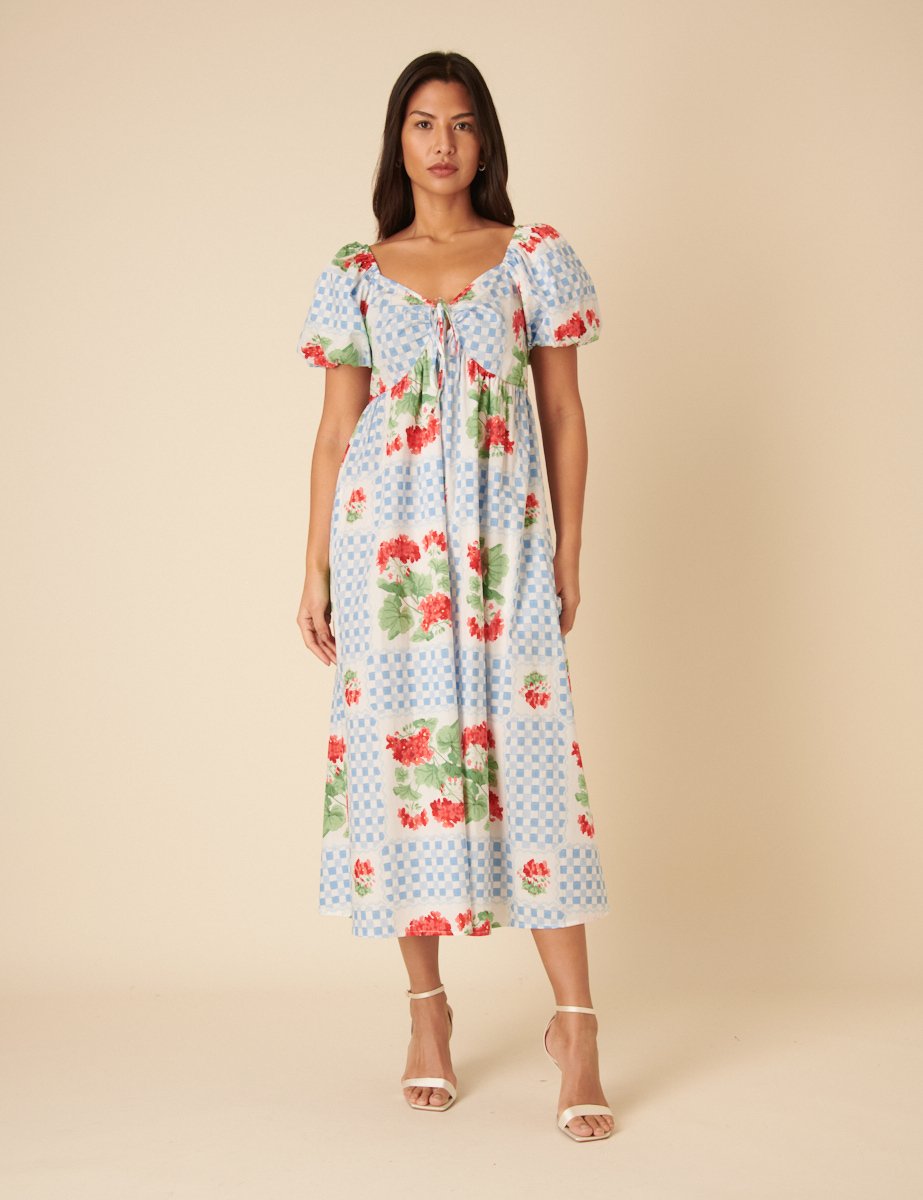 Blue Tile Check and Floral Sweetheart Midi Dress