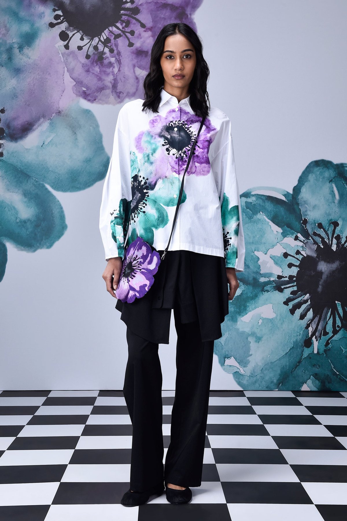 White and Green Floral Relaxed Fit Cotton Poplin Shirt
