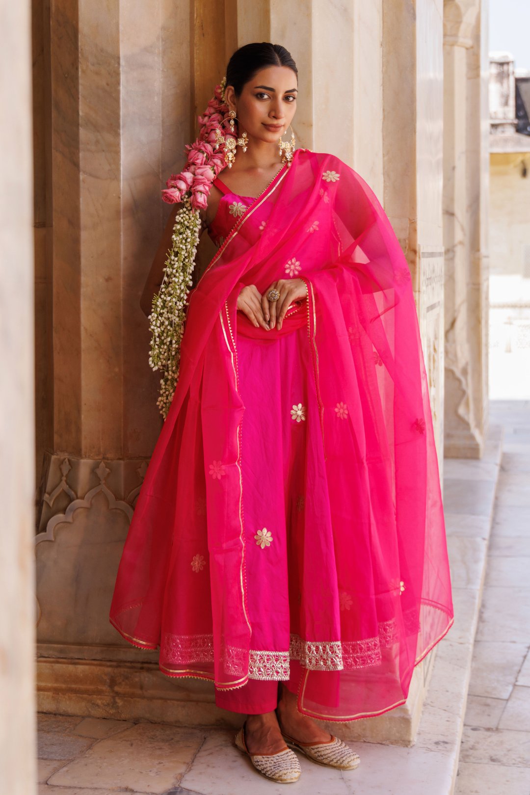 Hot Pink Taffeta Silk Gota Patti Anarkali Set