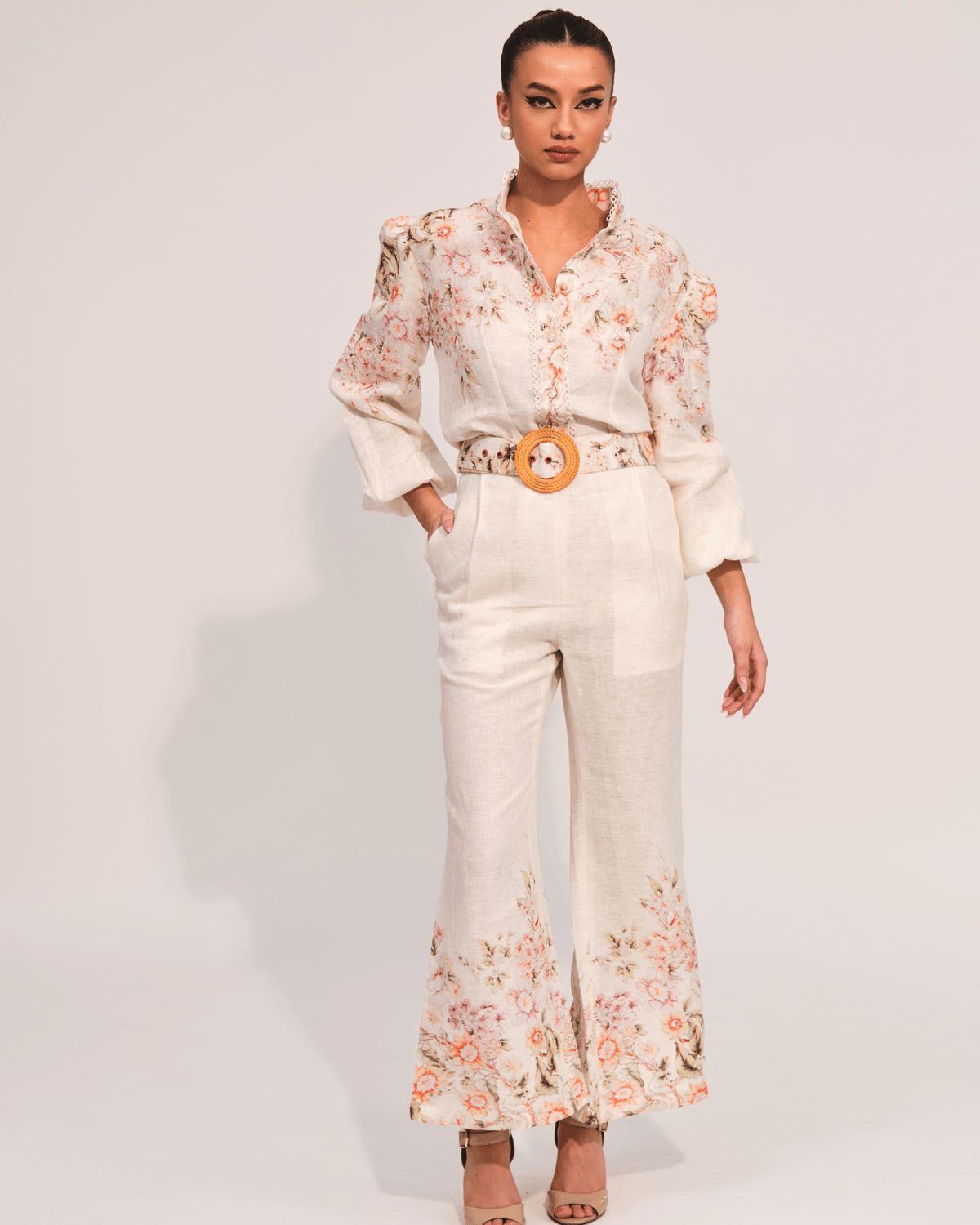 Apricot Floral Linen Shirt and Wide-Leg Pants Co-ord Set