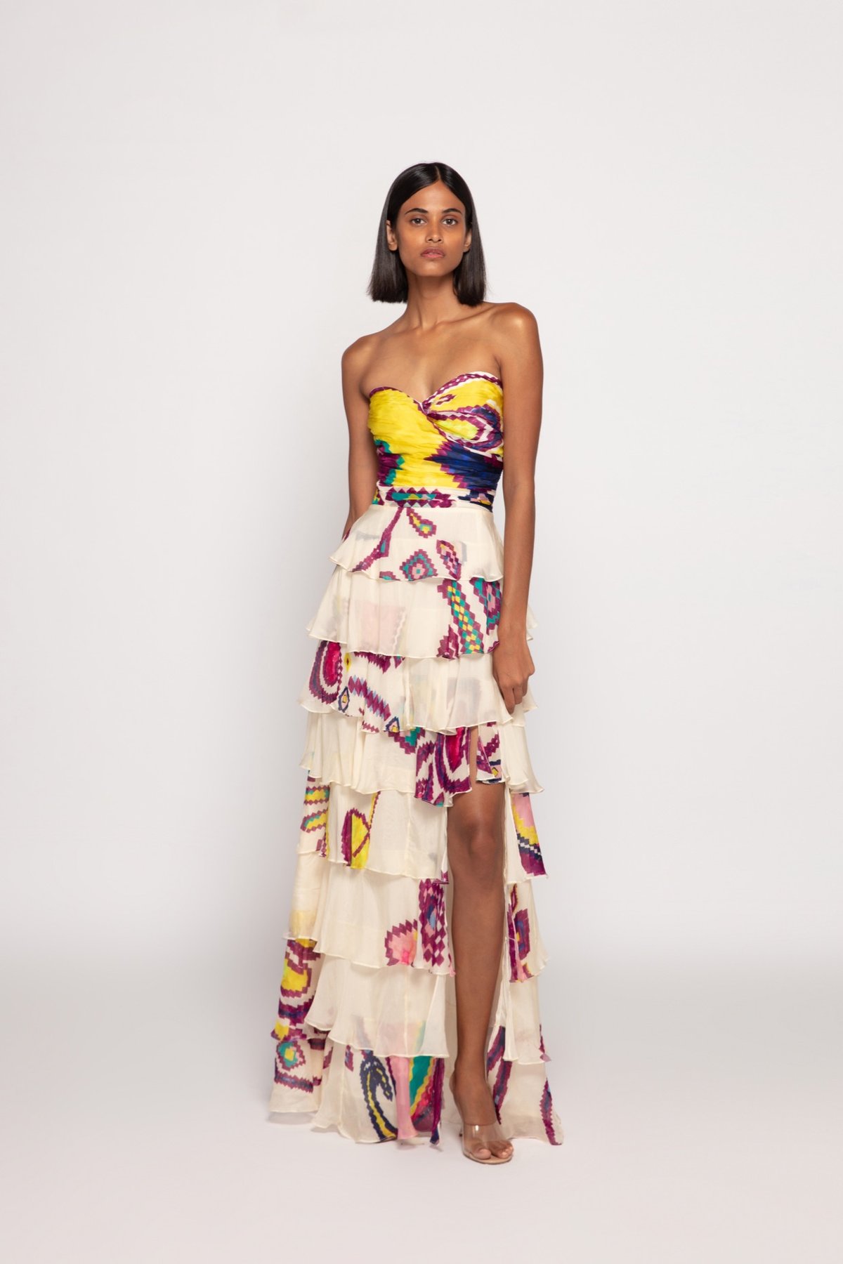Paisley Print 8 Tier Strapless Dress Ivory Yellow