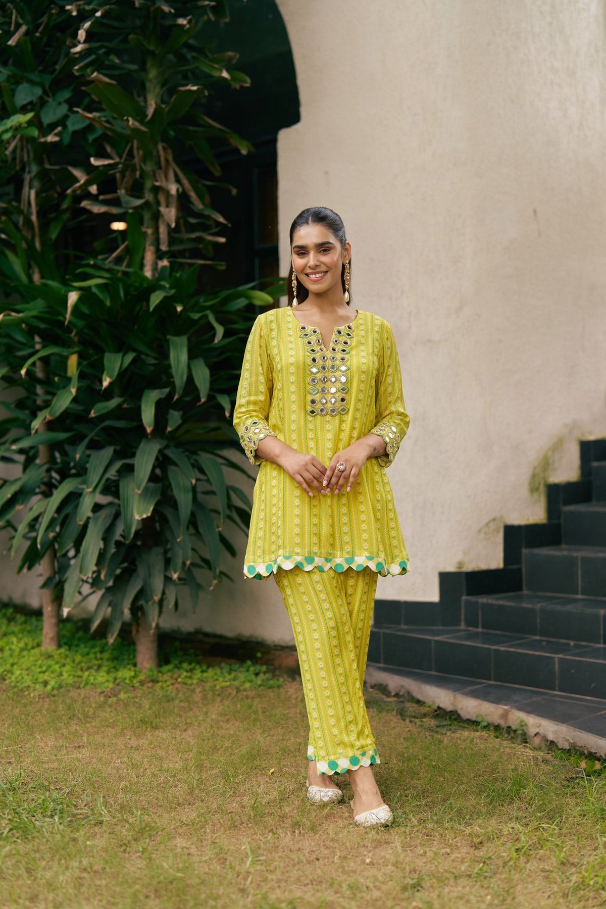 Lemon Yellow Printed Mirror Work Kurta Co-ord Set