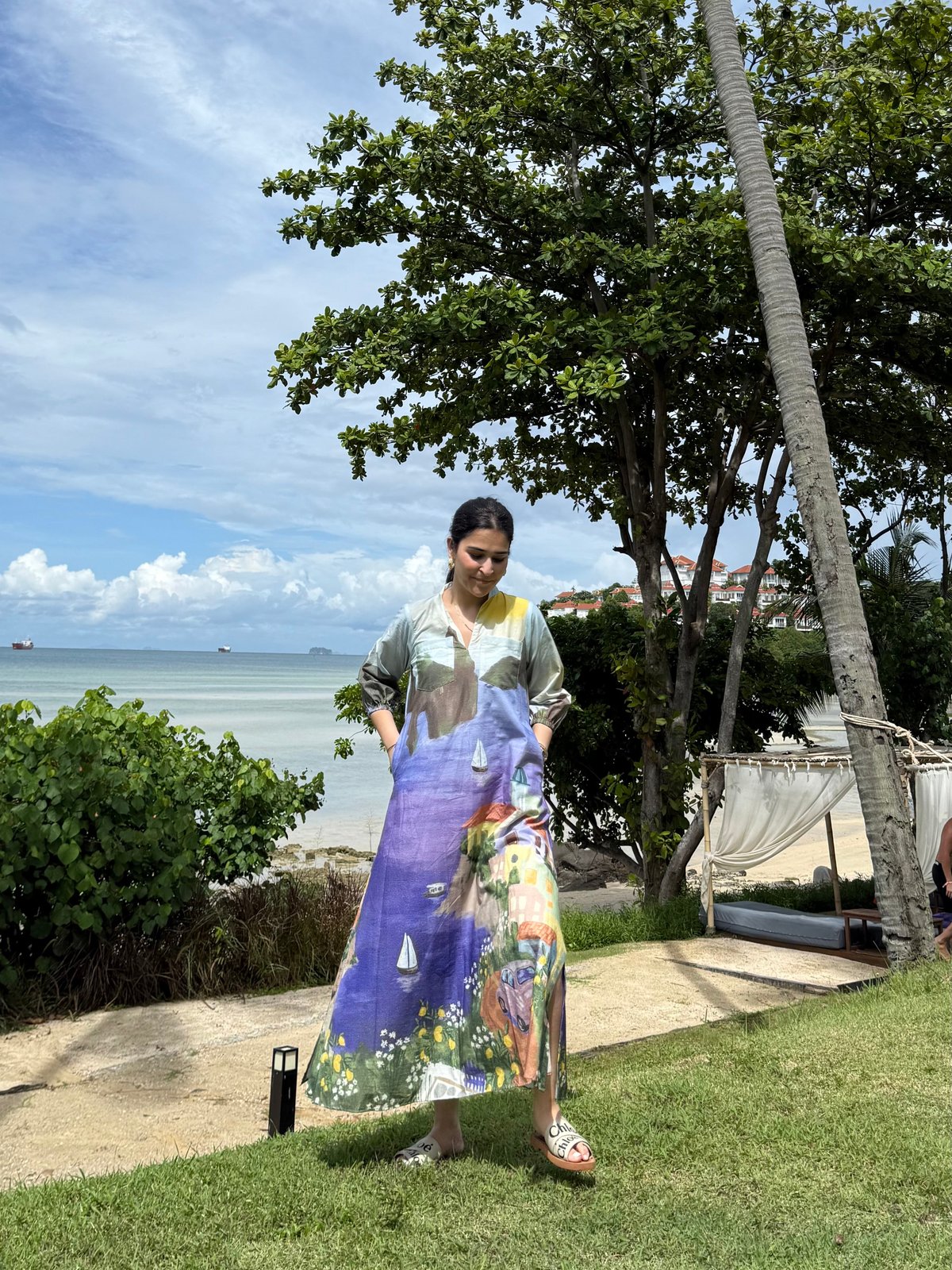 Blue Scenic Print Kaftan Maxi Dress with Pockets