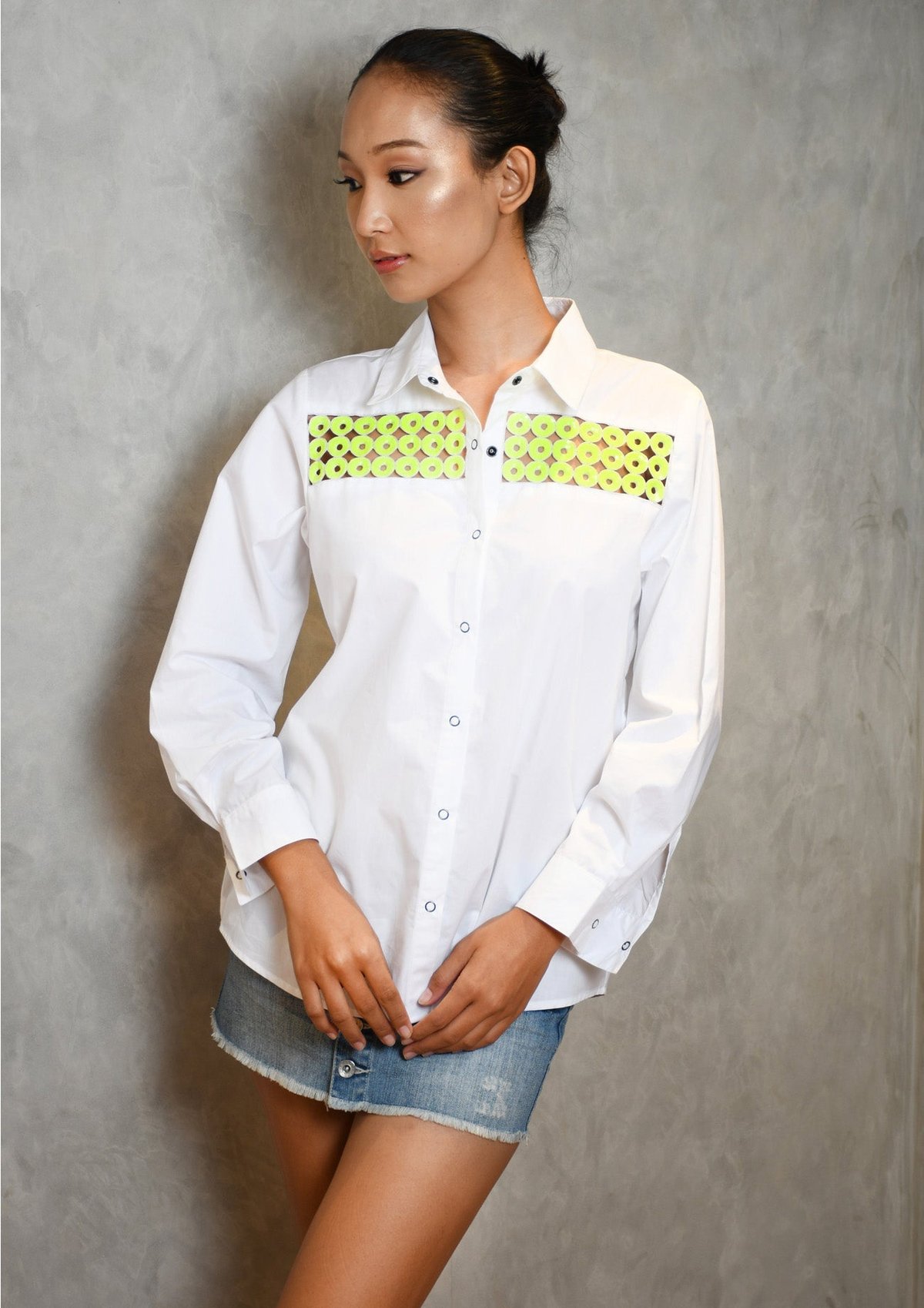 White Comfort Fit Cotton Shirt for Women with Cutwork