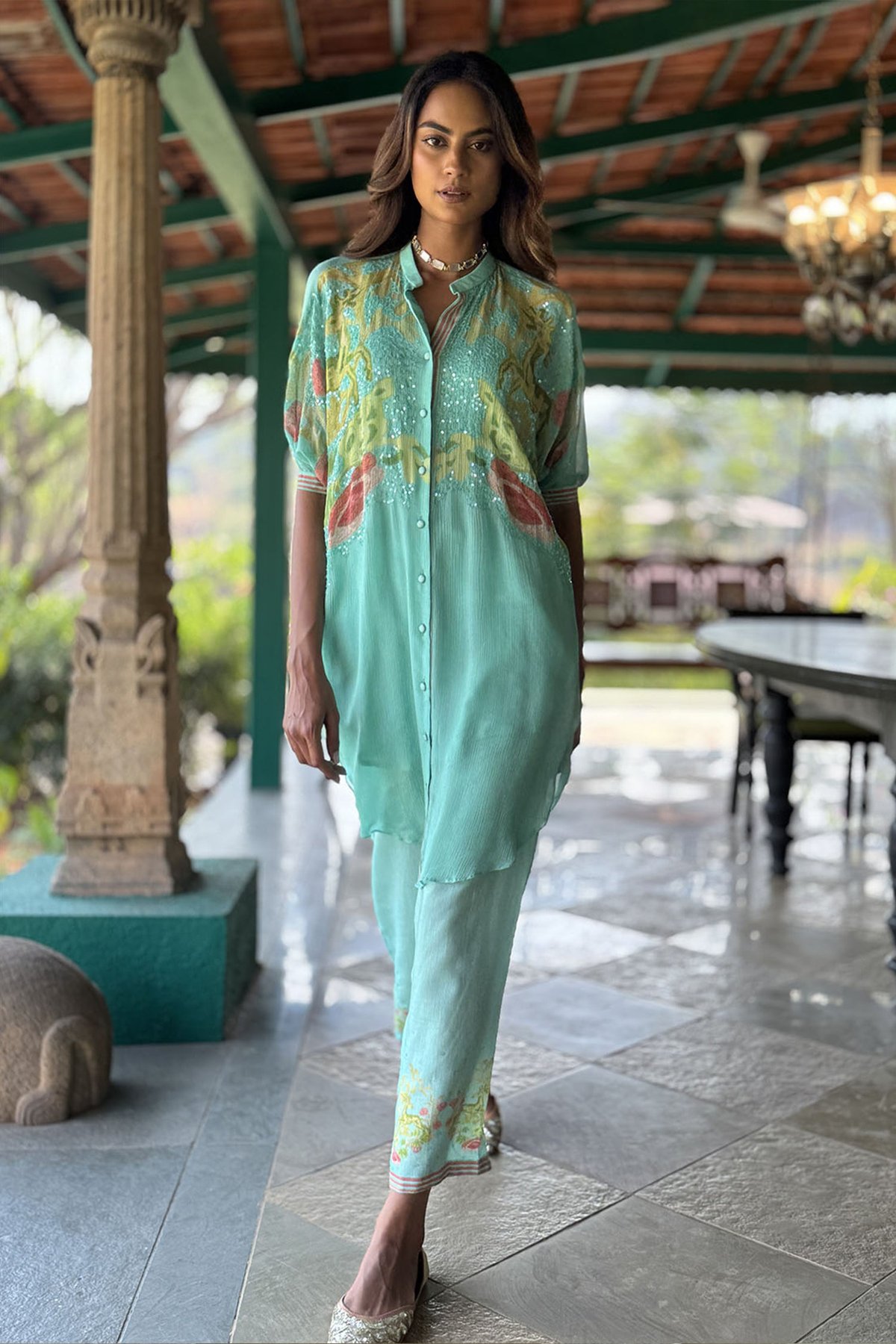 Aqua Printed Shirt and Straight Pant Co-ord Set