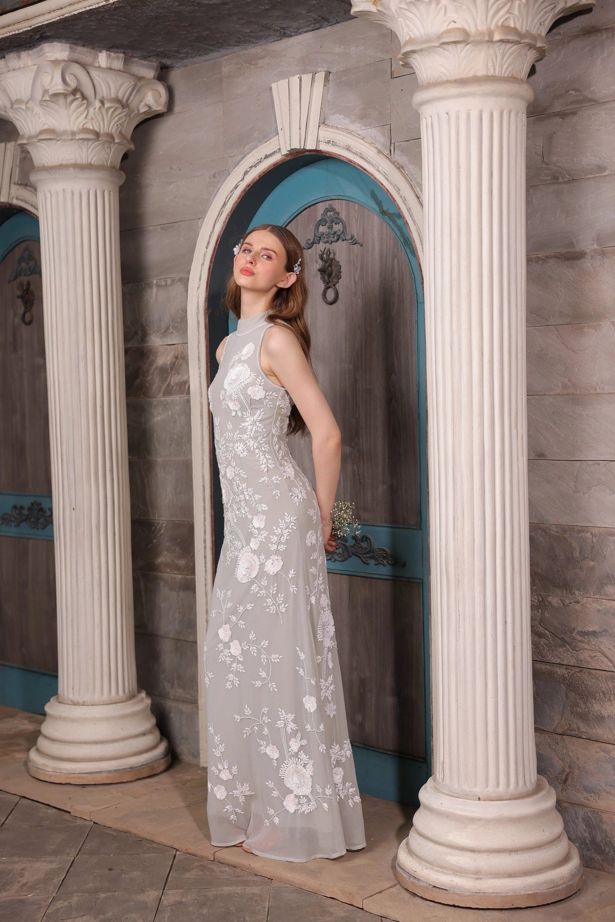 grey floral embroidered dress Hand-Embroidered Gown CURVE-BRIDESMAID
