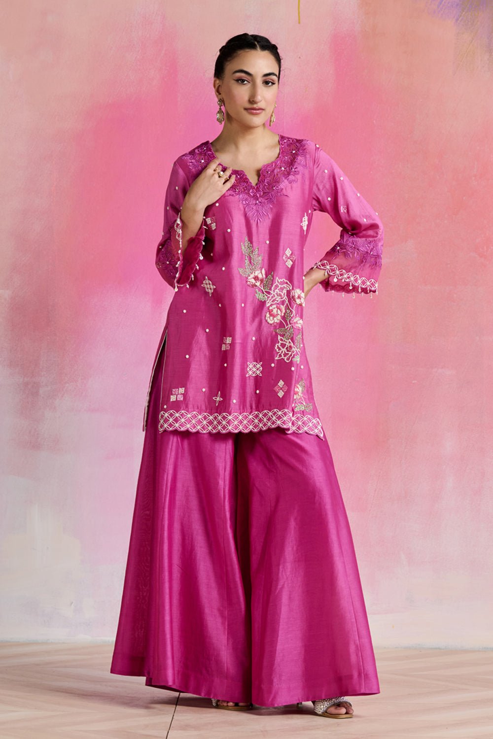 Fuchsia Chanderi Embroidered Kurta Sharara Set with Dupatta