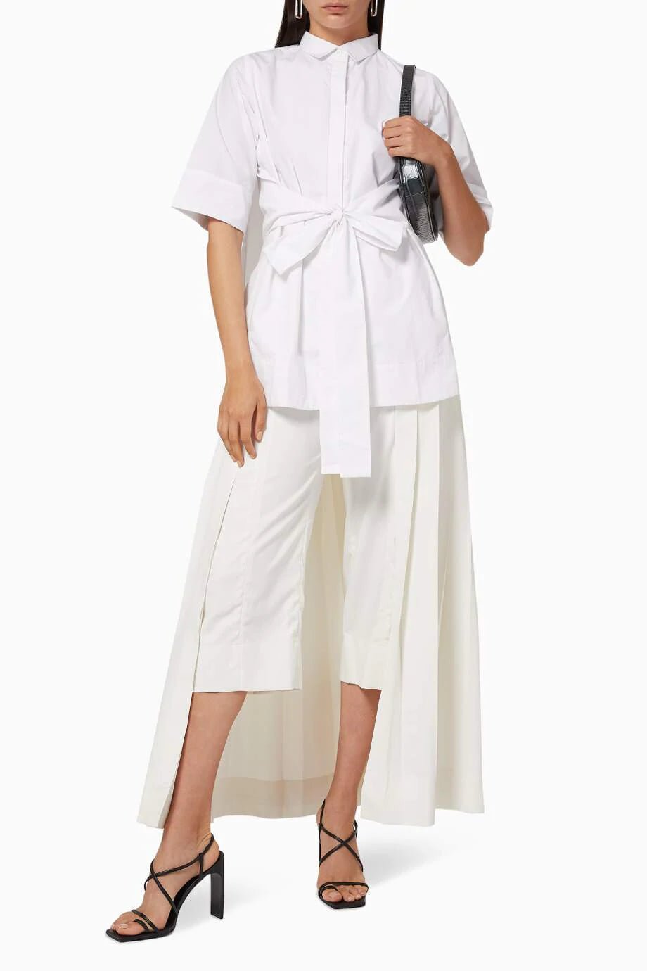 White Tie-Up Belted Cape-Back Shirt