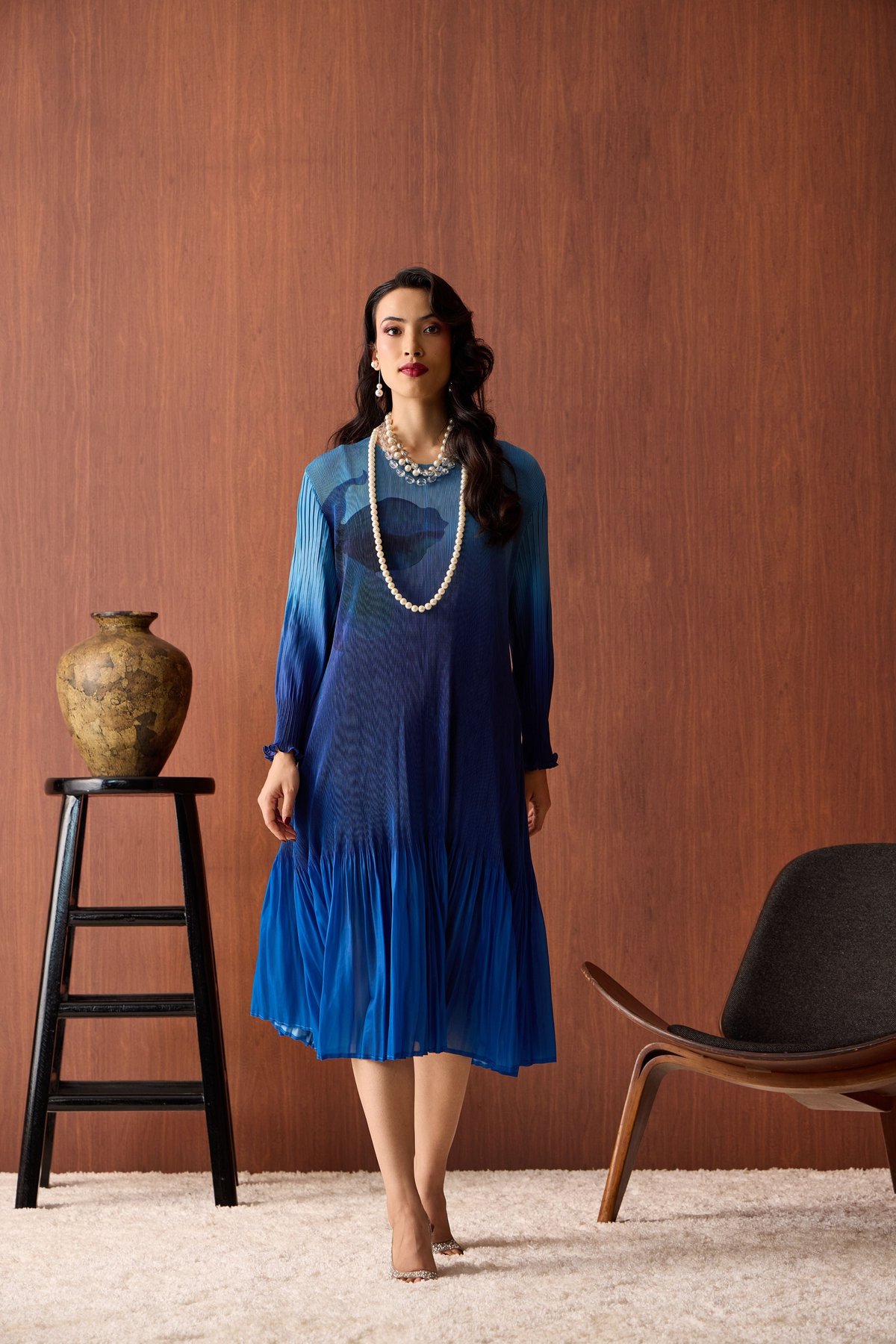 Ombre Blue Pleated A-Line Midi Dress with Floral Print