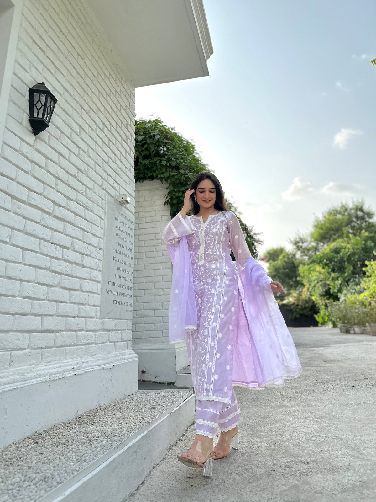 Lavender Embroidered Chanderi Suit Set with Organza Dupatta