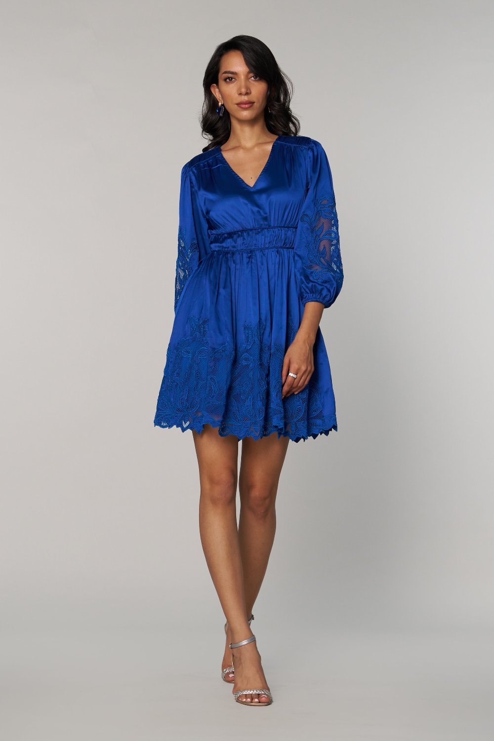 Blue Satin Fit and Flare Mini Dress with Lace Cutwork