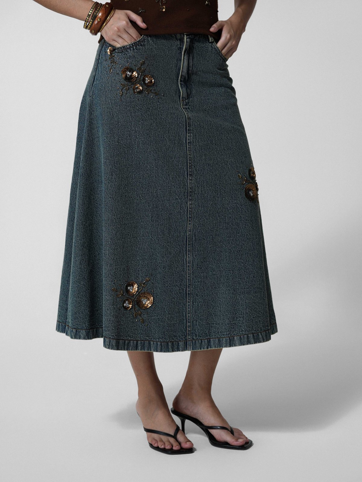 Beaded Vintage-Wash Denim Maxi Skirt