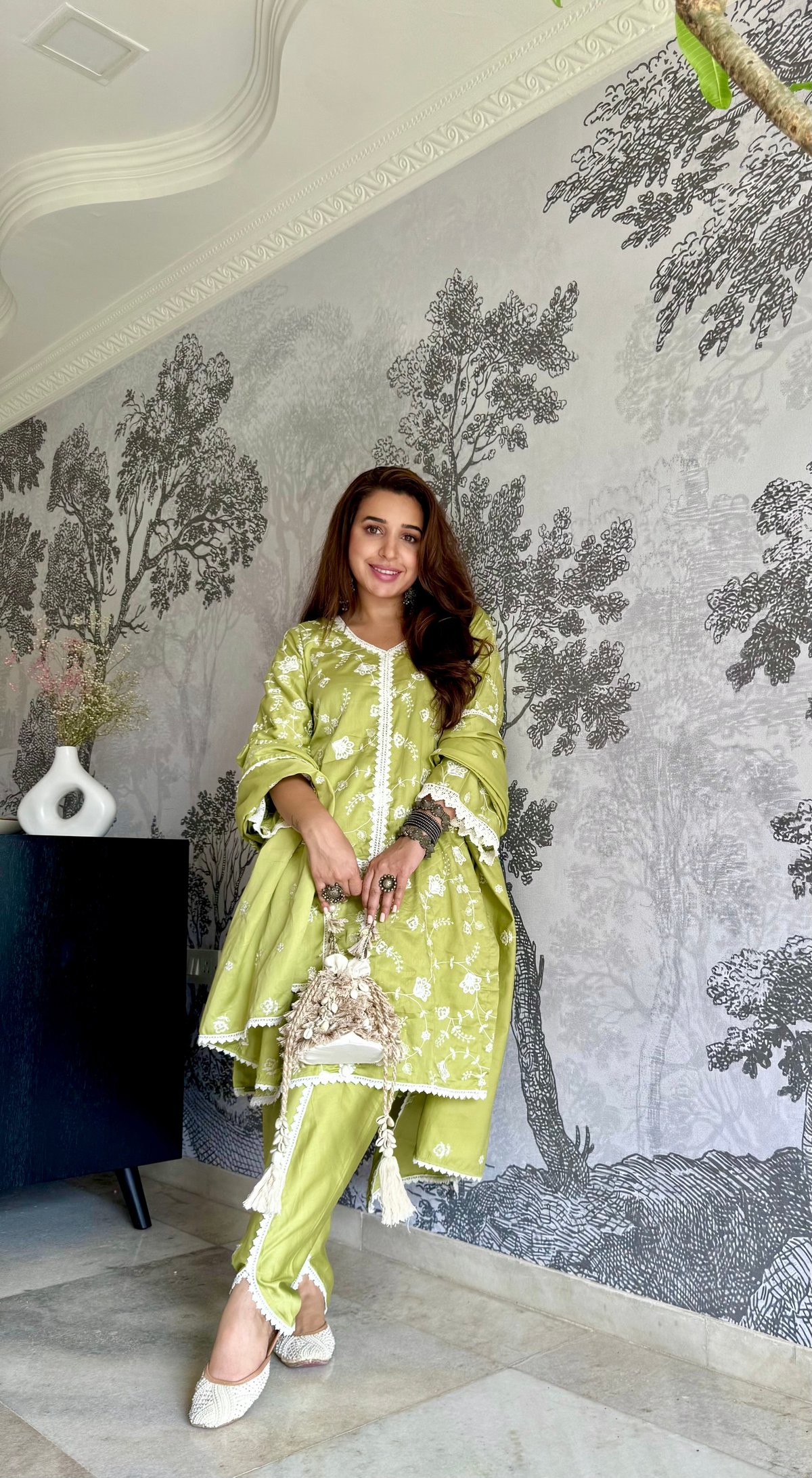 Green Cotton Embroidered Kurta Set with Lace Trim