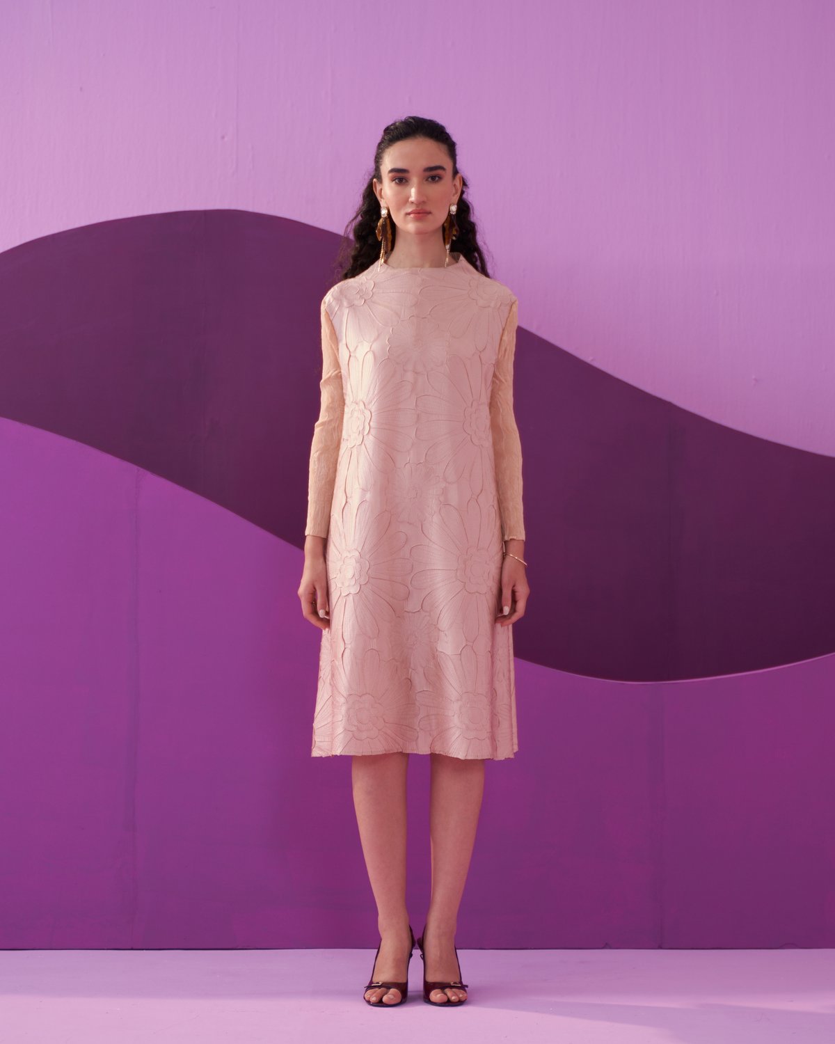 Nude Textured A-Line Knee-Length Dress with Full Sleeves