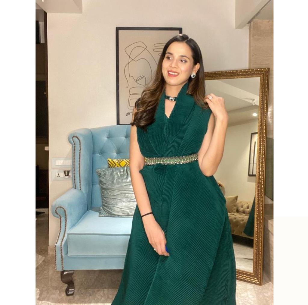 Green Pleated Georgette Maxi Gown with Embroidered Belt