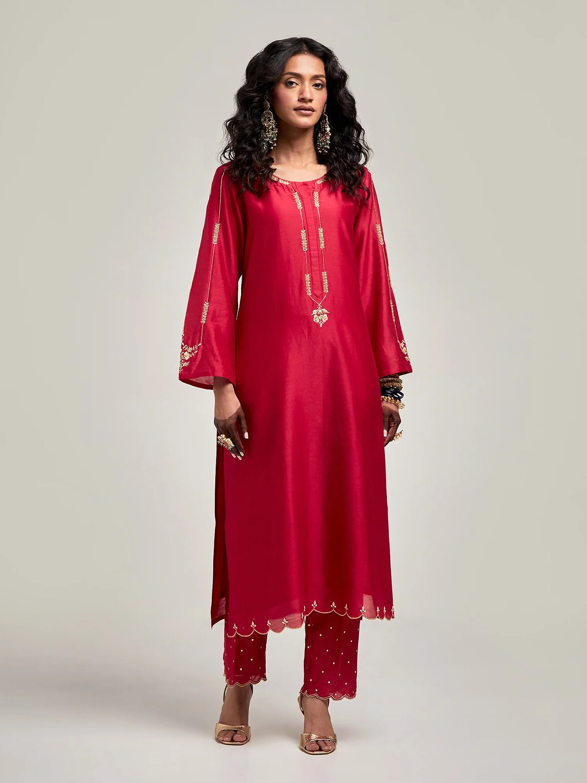 Red Silk Chanderi Embroidered Straight Kurta