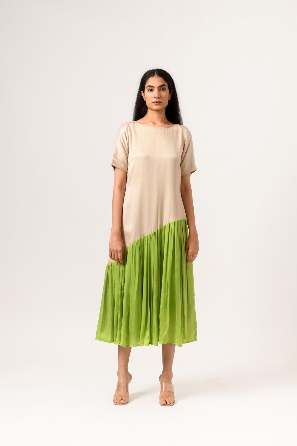 Ecru-Green Colorblocked Asymmetrical Gather Midi Dress