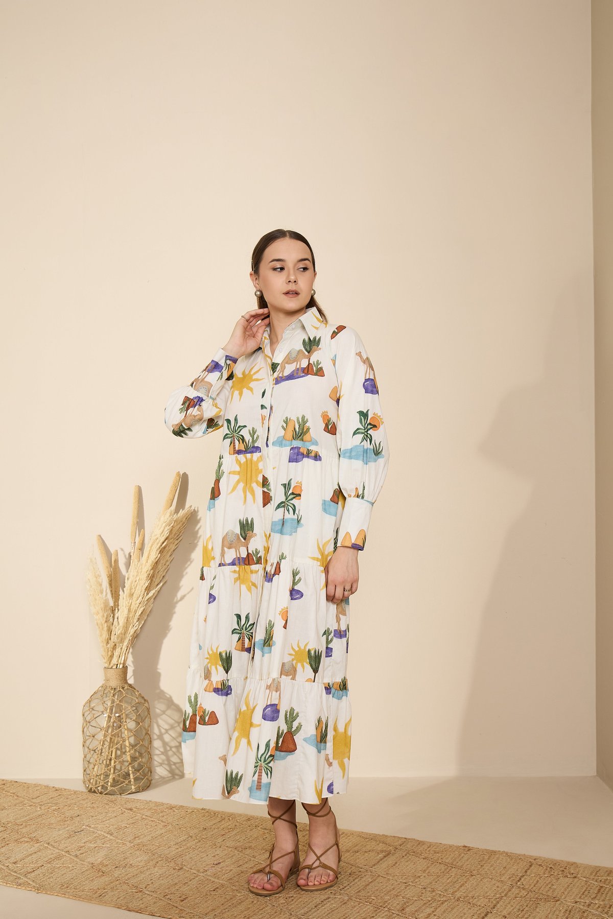 White Tropical Print Tiered Maxi Shirt Dress with Belt