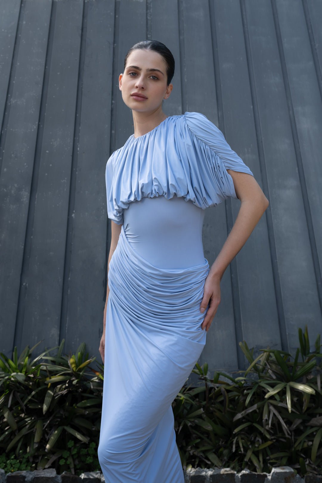 Ash Blue Ruched Drape Bodycon Maxi Dress