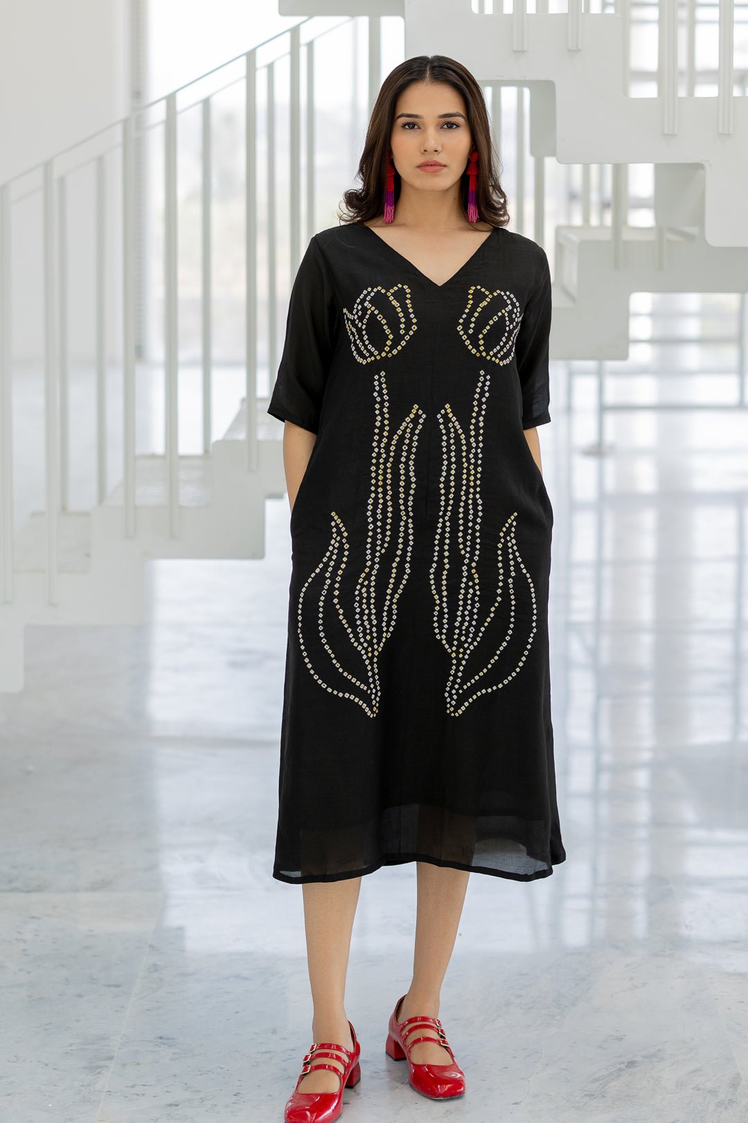 Black Bandhani Floral Midi Dress with V-Neck