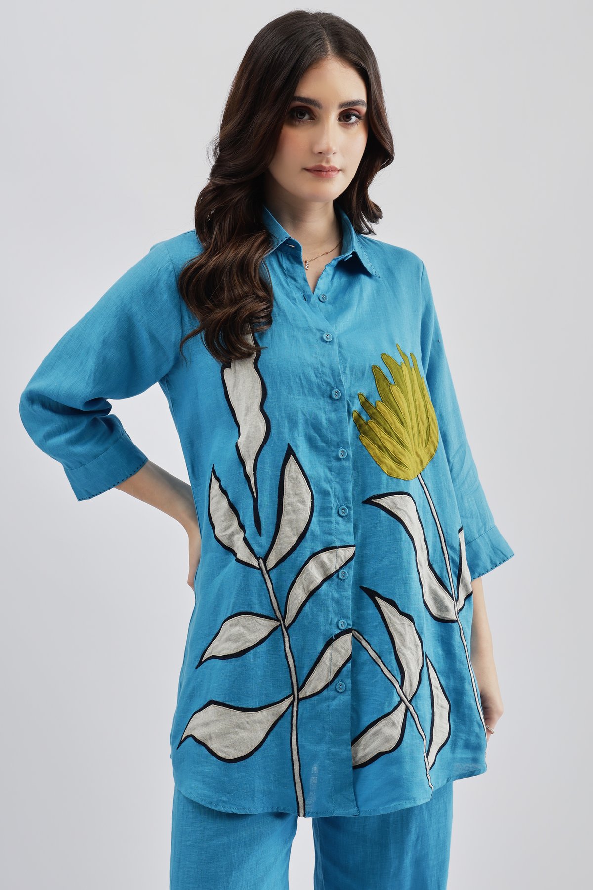 Turquoise Linen Tunic Shirt with Floral Applique