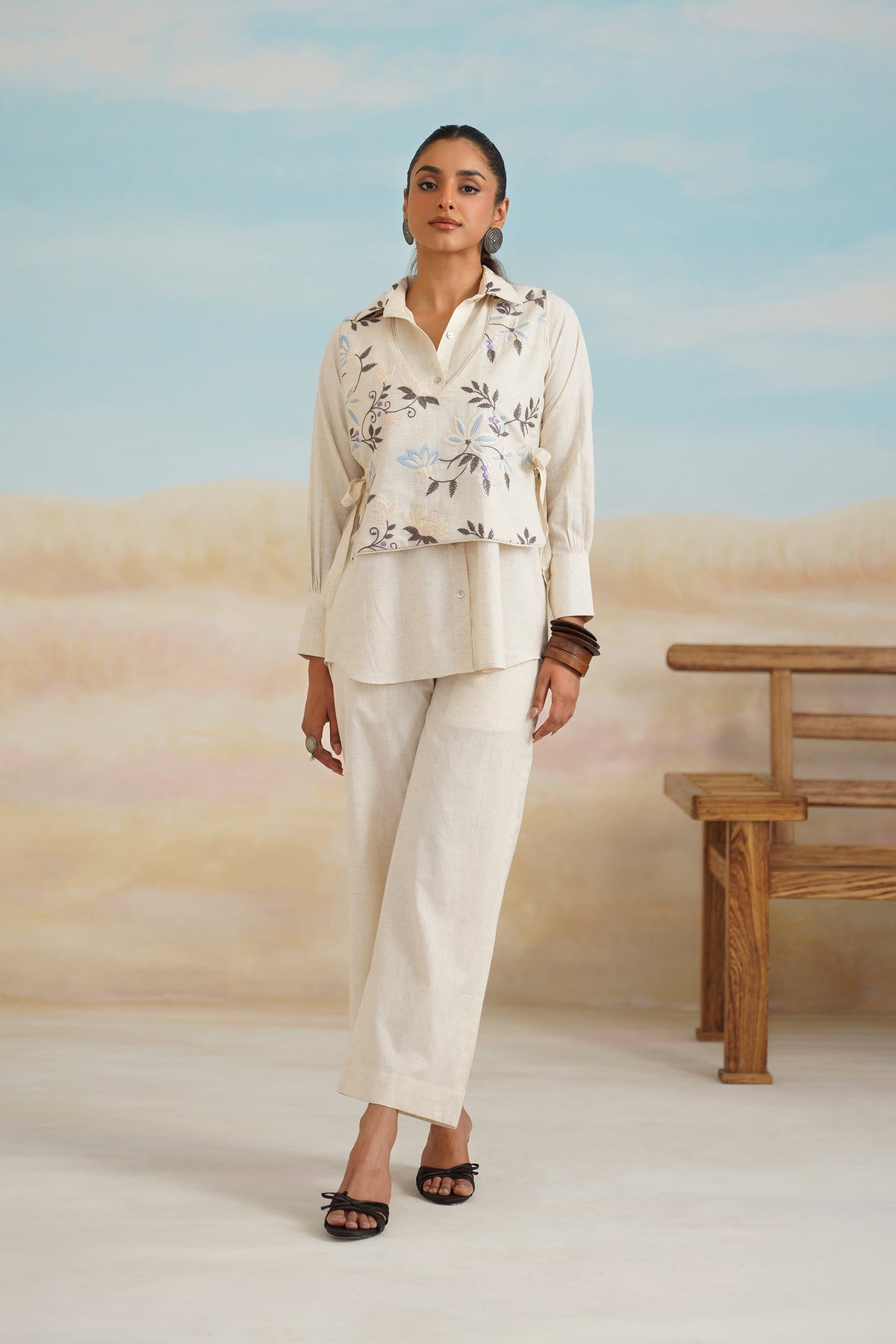 Cream Embroidered Layered 3-Piece Co-ord Set