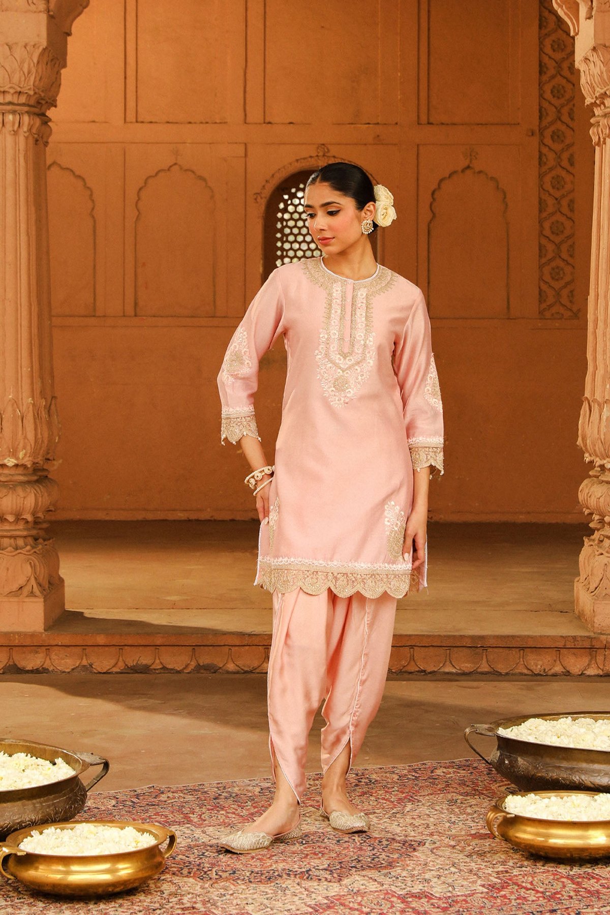 Blush Pink Embroidered Short Kurta and Dhoti Set