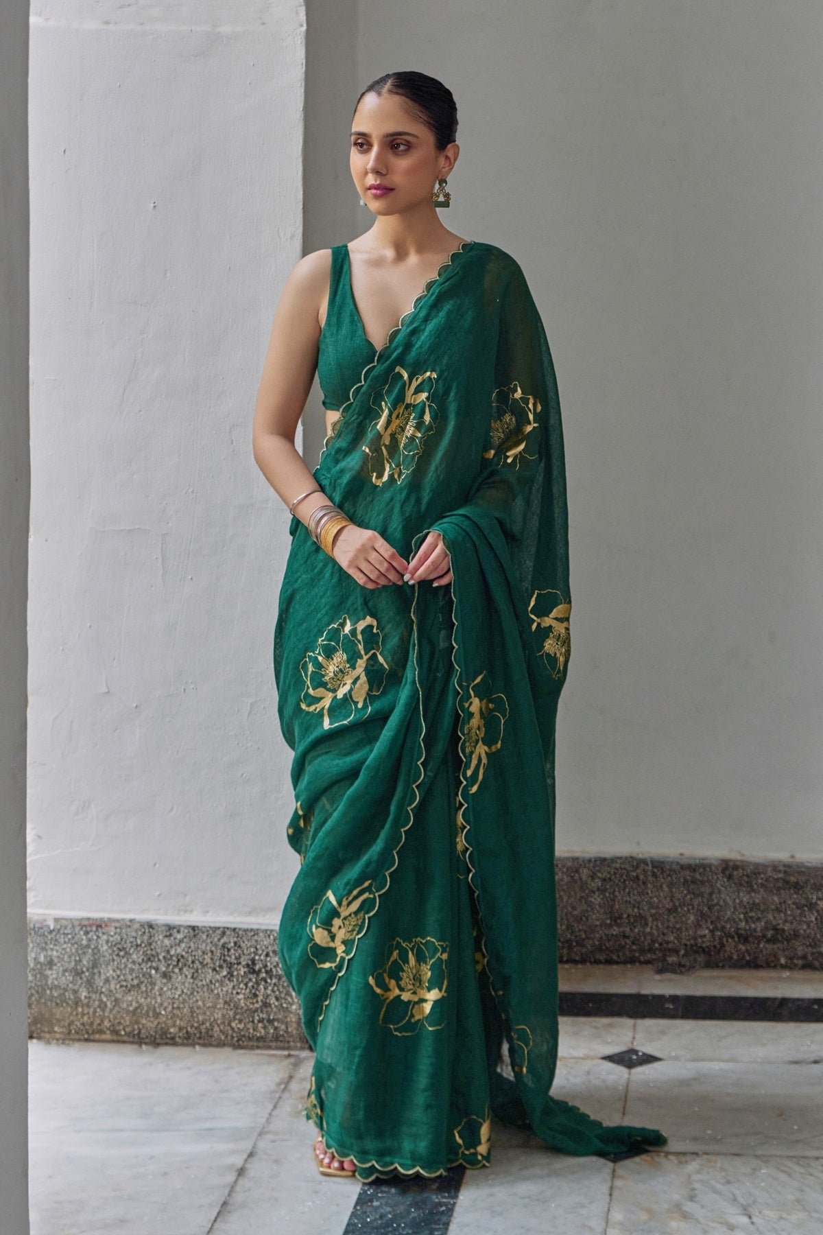 Green Linen Gauze Saree with Gold Floral Motifs
