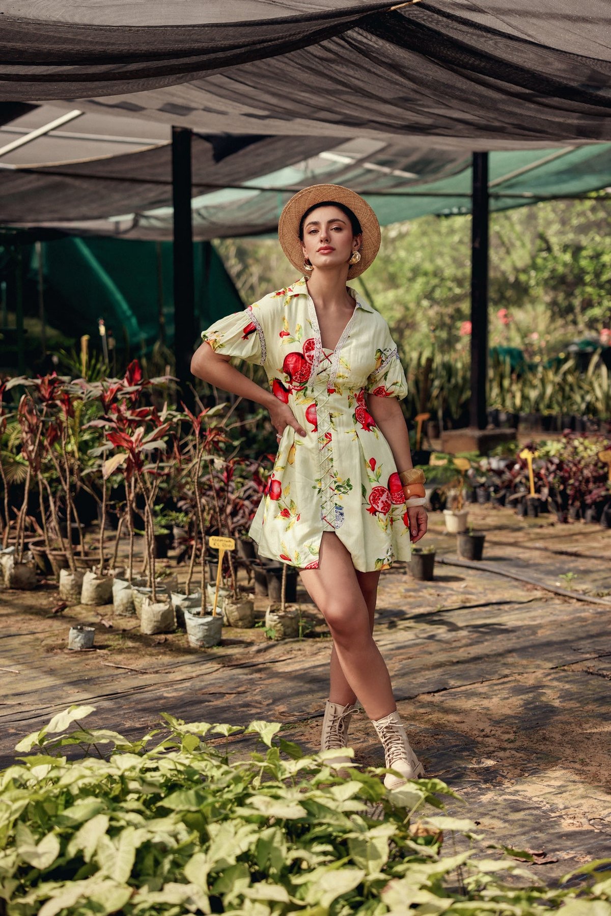 Green Printed Lace-Up Mini Fit and Flare Dress