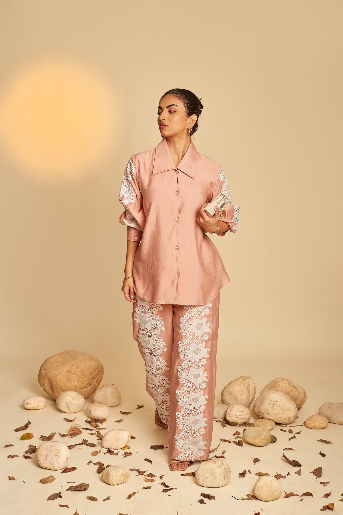 Peach Roman Silk Shirt and Flared Pants Co-ord Set